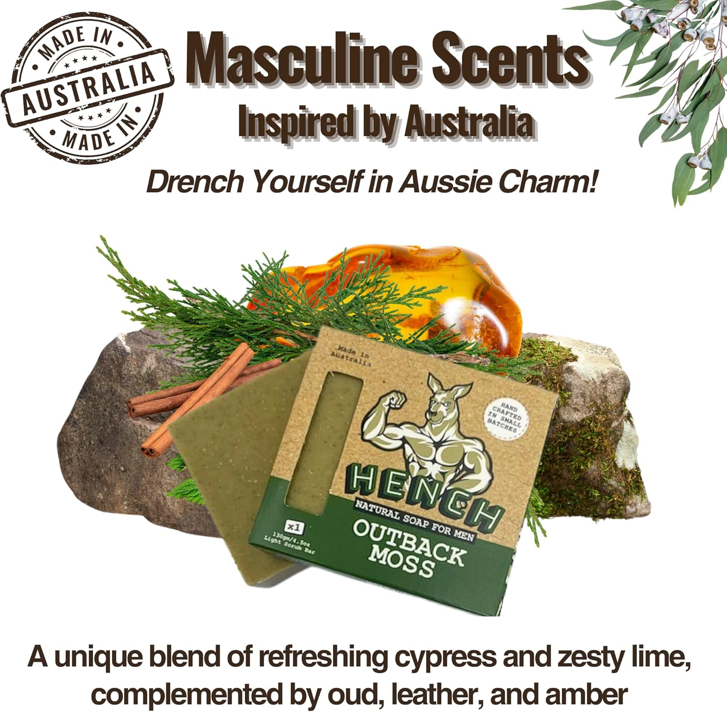 HENCH &ndash; Mens Soap Bar Handcrafted Natural Soap for Men Exfoliating Moisturising Man Soap Palm Oil Free and No Harsh Chemicals Soothes Dry Irritated Skin (Burnt Barrel Rum 1Pk) (Outback Moss 1Pk) image number 5