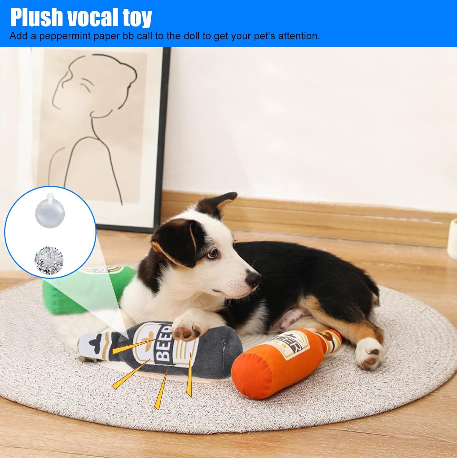 HOMURY Pack of 3 Plush Dog Toy, Squeaky Soft Beer Bottle Cat Toys with Catnip Paper, Plush Beer Bottle Toy, Chew Toy for Cats and Dogs