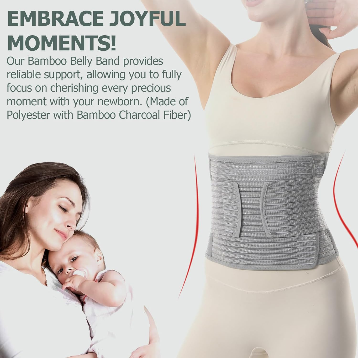 Postpartum Belly Band - Abdominal Binder & Belt for Post Partum Recovery, Adjustable Abdominal Binder and Pelvic Support, Breathable Bamboo Belly Wrap for C Section, Back Pain Relief (Gray, L/XL) image number 2