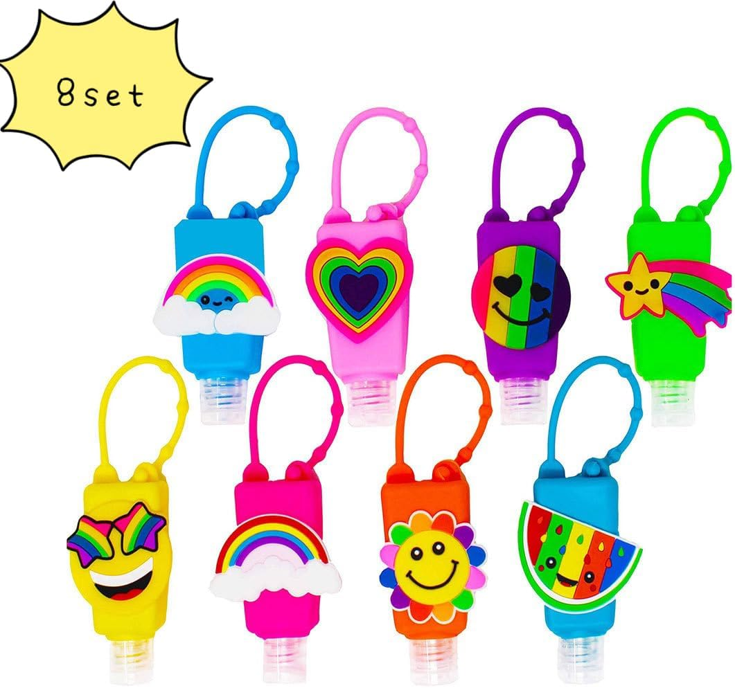 8 Piece Set of Empty Mix Kids Hand Sanitizer Travel Holder Keychain, Cute Mini Bottles for Girl, Boy, Baby Women,School,Backpack 30Ml Bulk image number 1