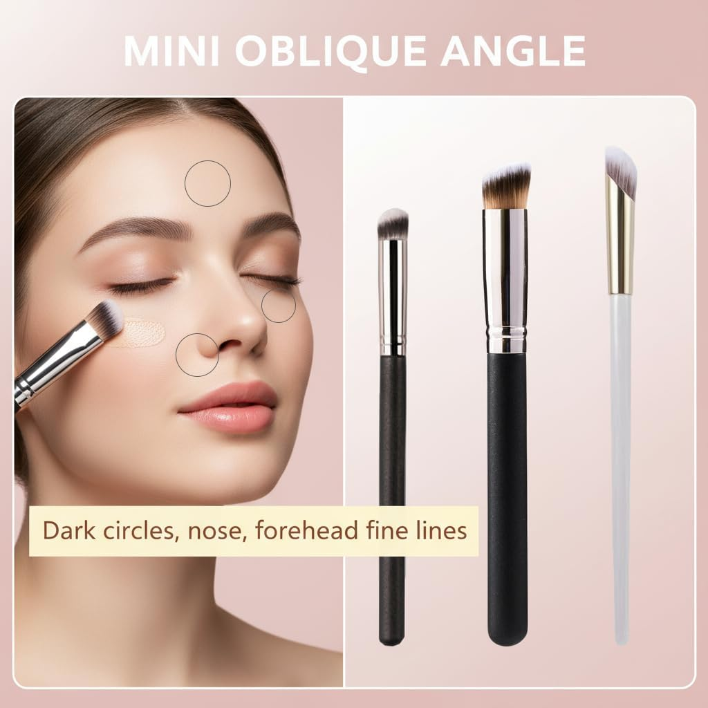 Concealer Brush Makeup Brush Set - 3 Pcs Mini Kabuki Brush, Foundation & Setting Brushes for under Eye & Contour, Dense Bristles for Liquid, Powder, Cream Blending - Ruibex image number 5