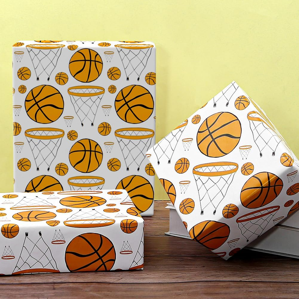 Basketball Wrapping Paper for Men Women, Large & Small Basketballs/Hoops Patterns on White Art Paper - Sports Theme Design for Basketball Player Kids Boys Girls Birthday Party Match Gift Wrap Paper image number 3