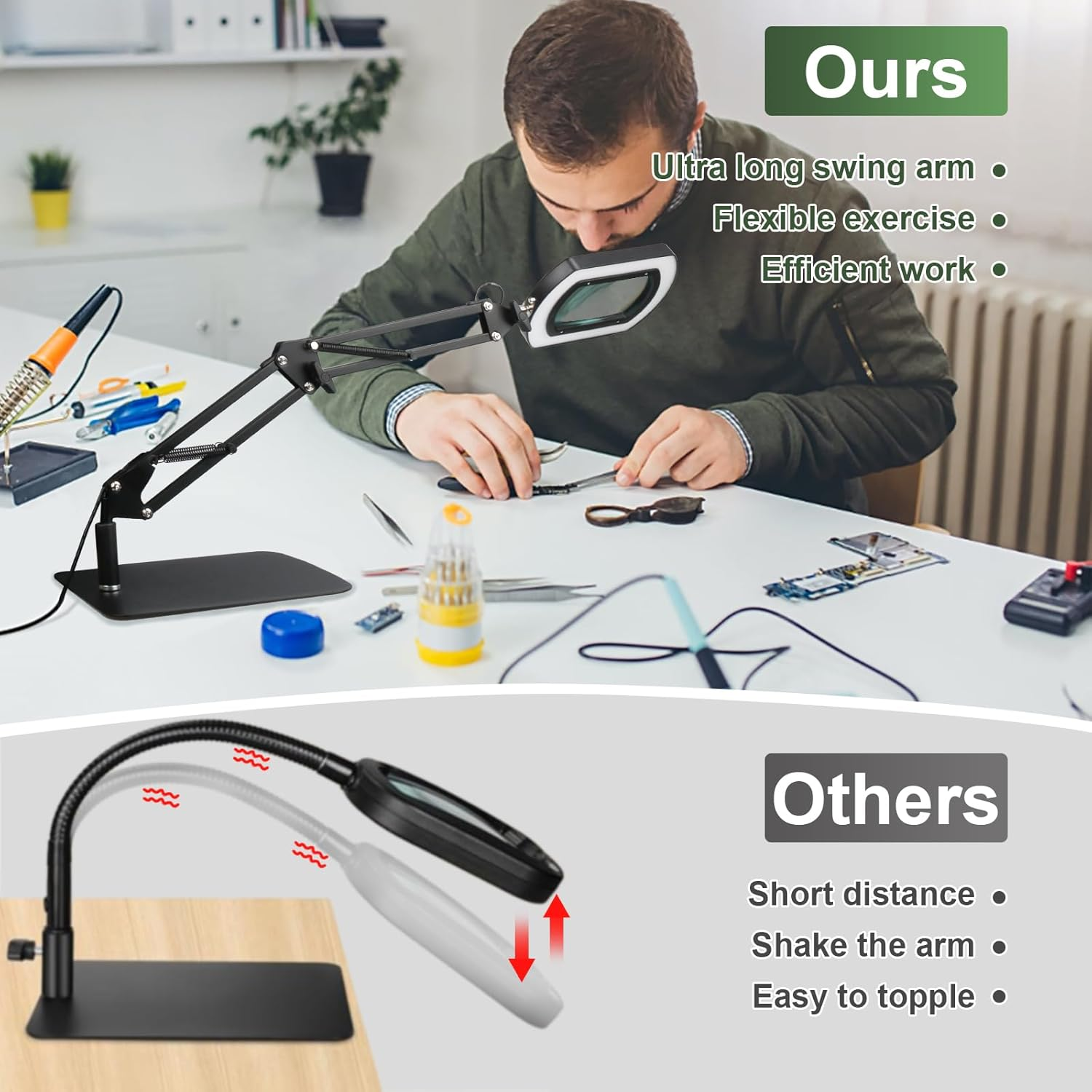 Zhiwei 10 X Rectangle Magnifying Glass with Light and Stand, 2-In-1 Desk Lamp and Clamp, 5 Colour Modes, Continuously Dimmable, Table Magnifier for Crafts, Reading, Repair. image number 3