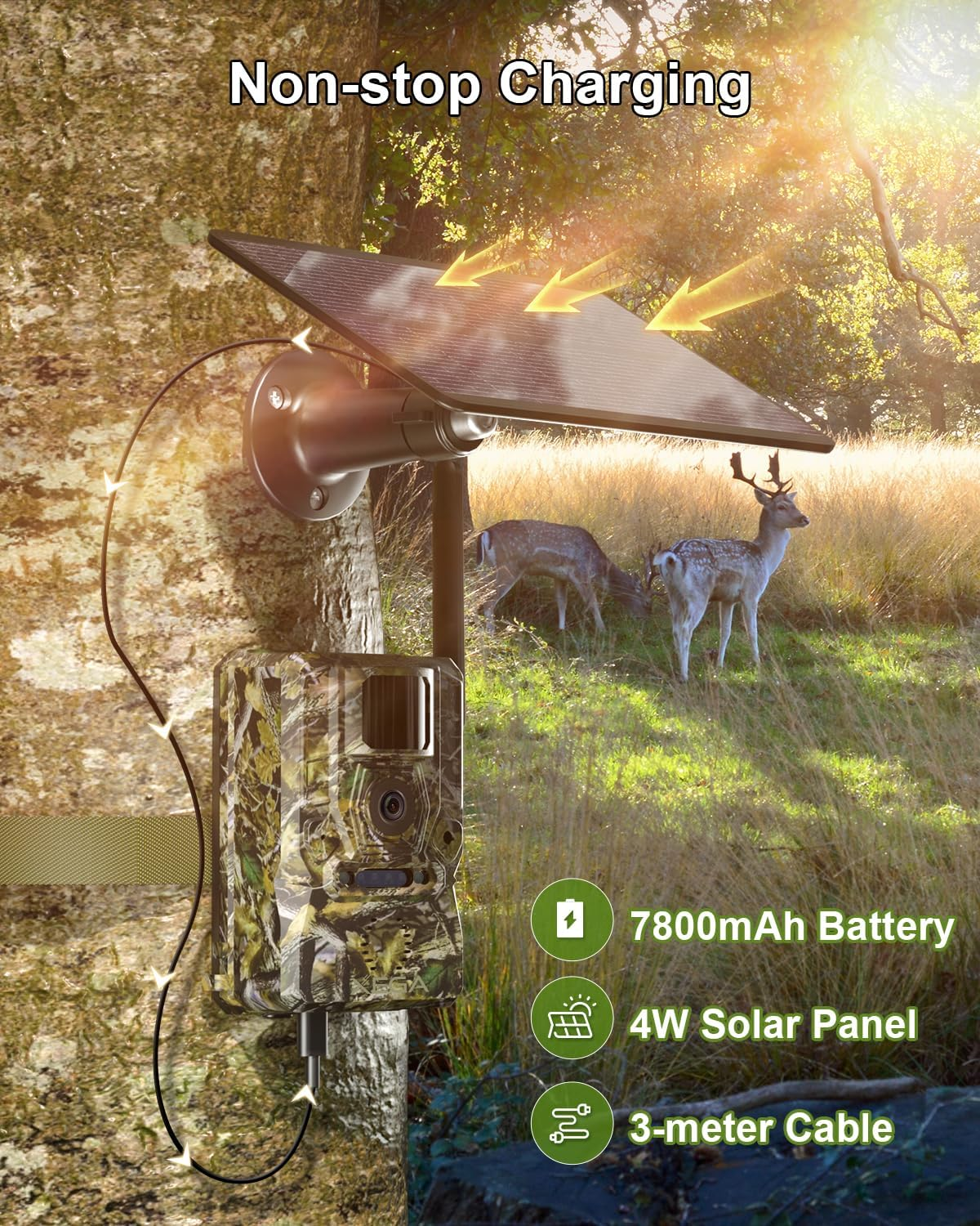 Xega 4G SIM Card Solar Wildlife Camera with Live Feed, 2K GPS No Glow 940Nm Night Vision Trail Trap Hunting Cam, 7800Mah Motion Detection APP Instant Alarm Spotlight Siren Alert, Cloud/Tf Storage,Ip66 image number 4