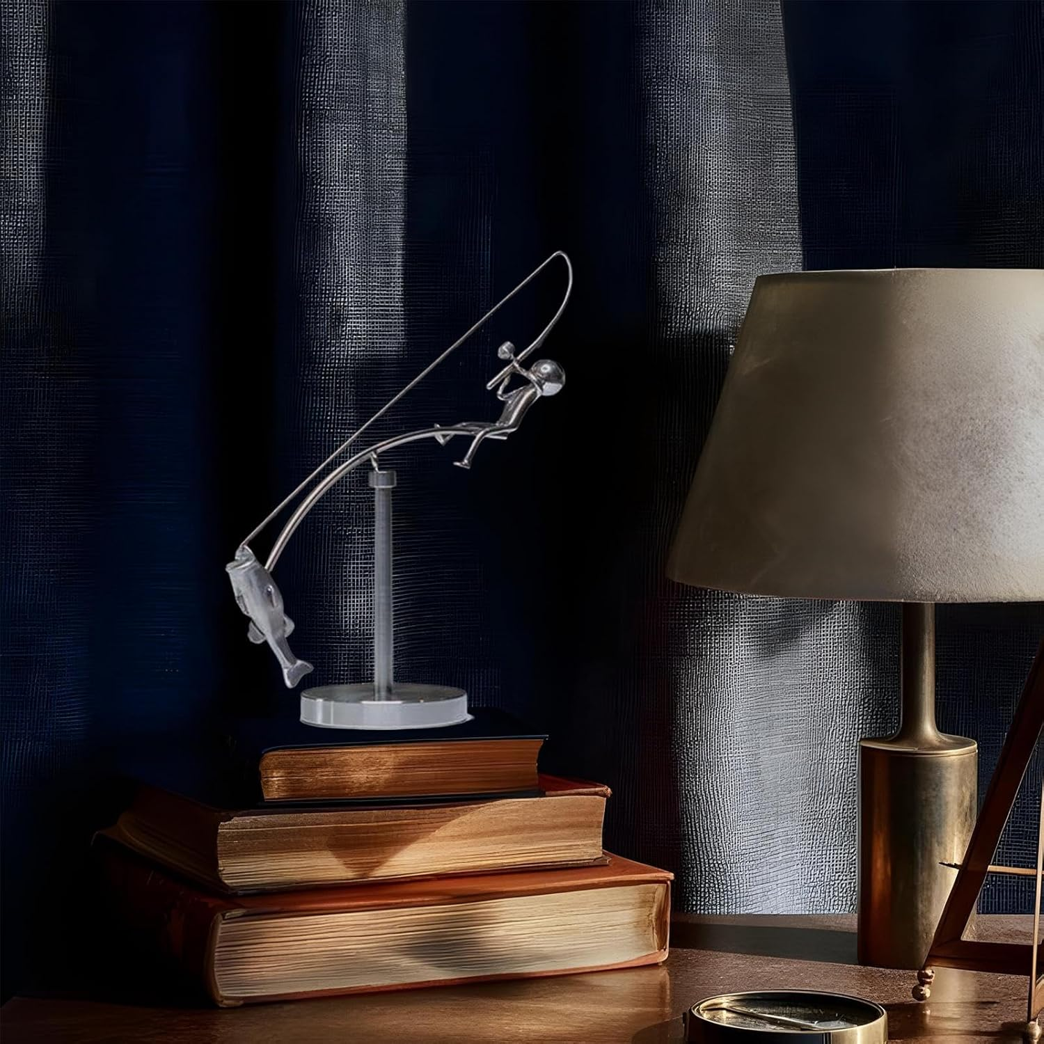 Swinging Fisherman Sculpture,Metal Swinging Sticks Fishing Balancing Statue,Moving Fishing Desktop Decoration for Art Collectors Fisherman Decor image number 5