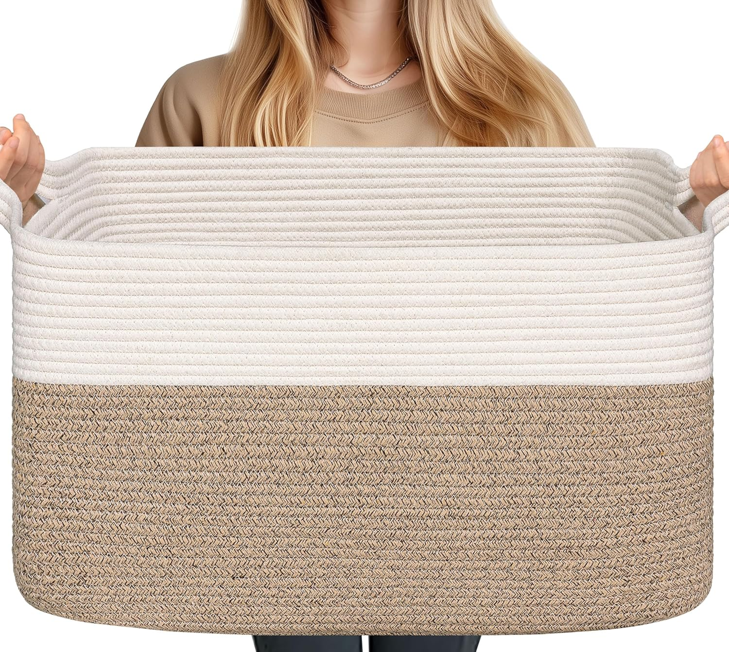 Large Basket, Storage Baskets for Organizing, XICEN Blanket Storage for Living Room, Bedroom, Rectangle Rope Baskets for Storage, Woven Baby Basket for Clothes, Towels, 55Cm X 38Cm X 30Cm