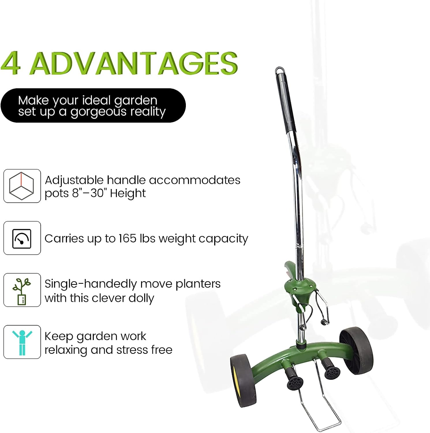 Garden Pot Mover with Adjustable Handle - Heavy Duty Plant Dolly Caddy with Sturdy Flat-Free Wheels and Gripping Suction Cups, Max 165 Lbs Weight Capacity image number 4