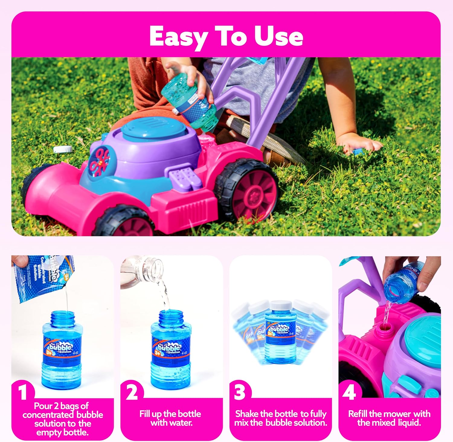 SLOOSH Bubble Lawn Mower Toddler Toys - Kids Bubble Machine Summer Outdoor Push Toy Games, Backyard Garden outside Play Toddlers Preschool Boys Girls Birthday Gifts (Pink) - Blue image number 2