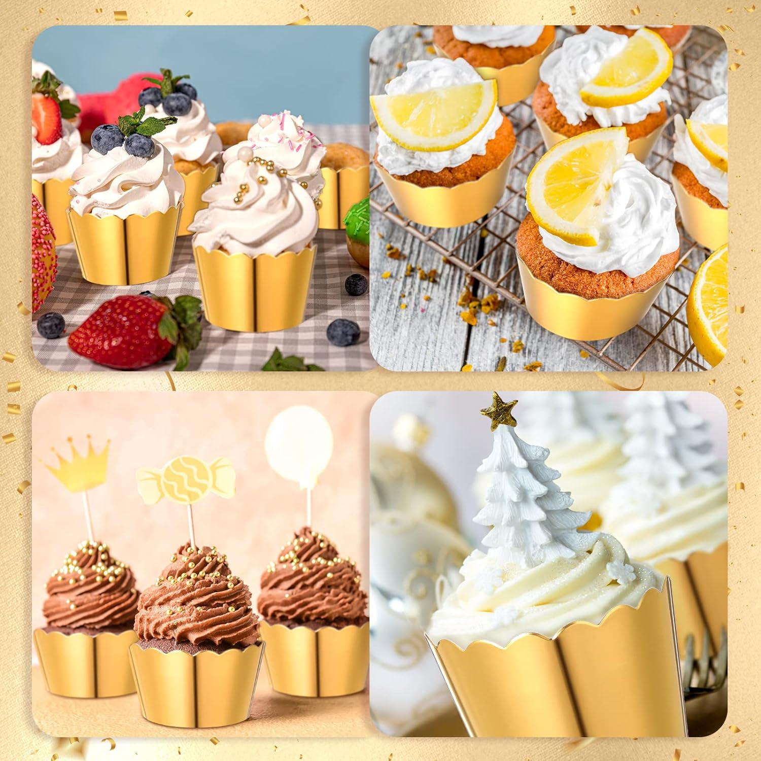 Meanplan 100 Pcs Foil Cupcake Liners Sturdy Muffin Baking Cups Cupcake Wrappers for Christmas Wedding Birthday Party Decoration, 1.97 X 1.77 Inch (Gold)