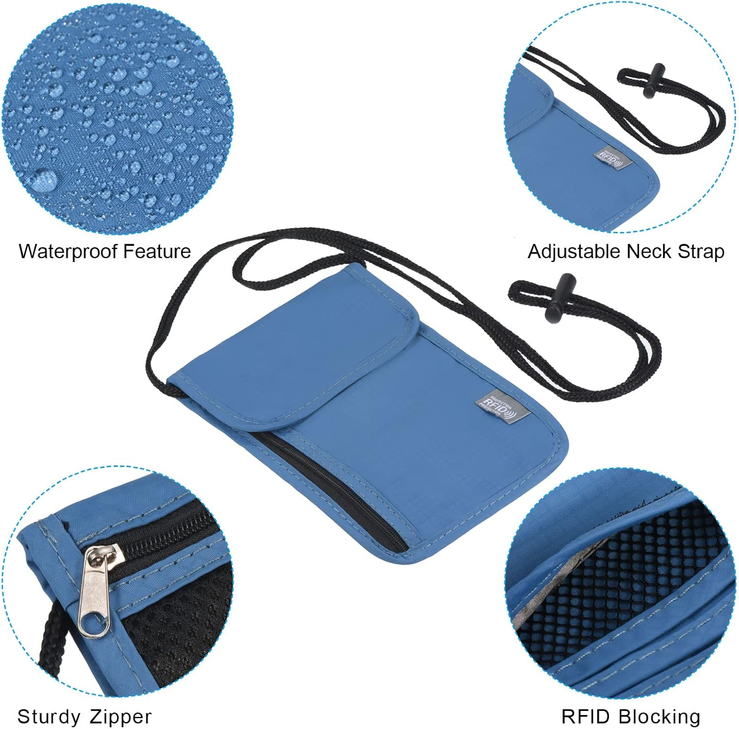 Uxcell Neck Wallet Travel Pouch, Passport Holder RFID Blocking Waterproof Neck Pouch Nylon Travel Document Organizer for Women & Men, Blue image number 1