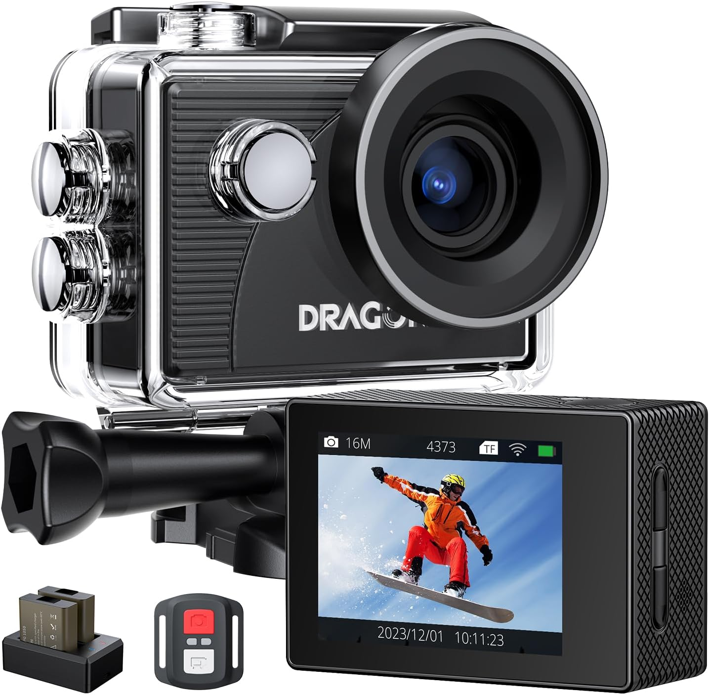 Dragon Touch Action Camera 4K30FPS 20MP 100FT Waterproof Underwater Camera 170&deg; Wide Angle Wifi Sports Cam with Remote 2 Batteries and Mounting Accessories Kit image number 1