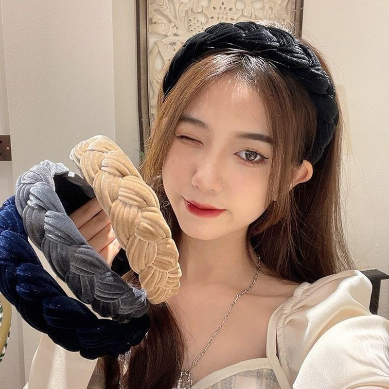 RFTWXHPN Black Velvet Braided Headbands for Women Padded Wide Hair Bands Braid Headband for Women Girls Non Slip Thick Braided Head Bands Chunky Puffy Hair Hoops Band Braids Headband image number 1