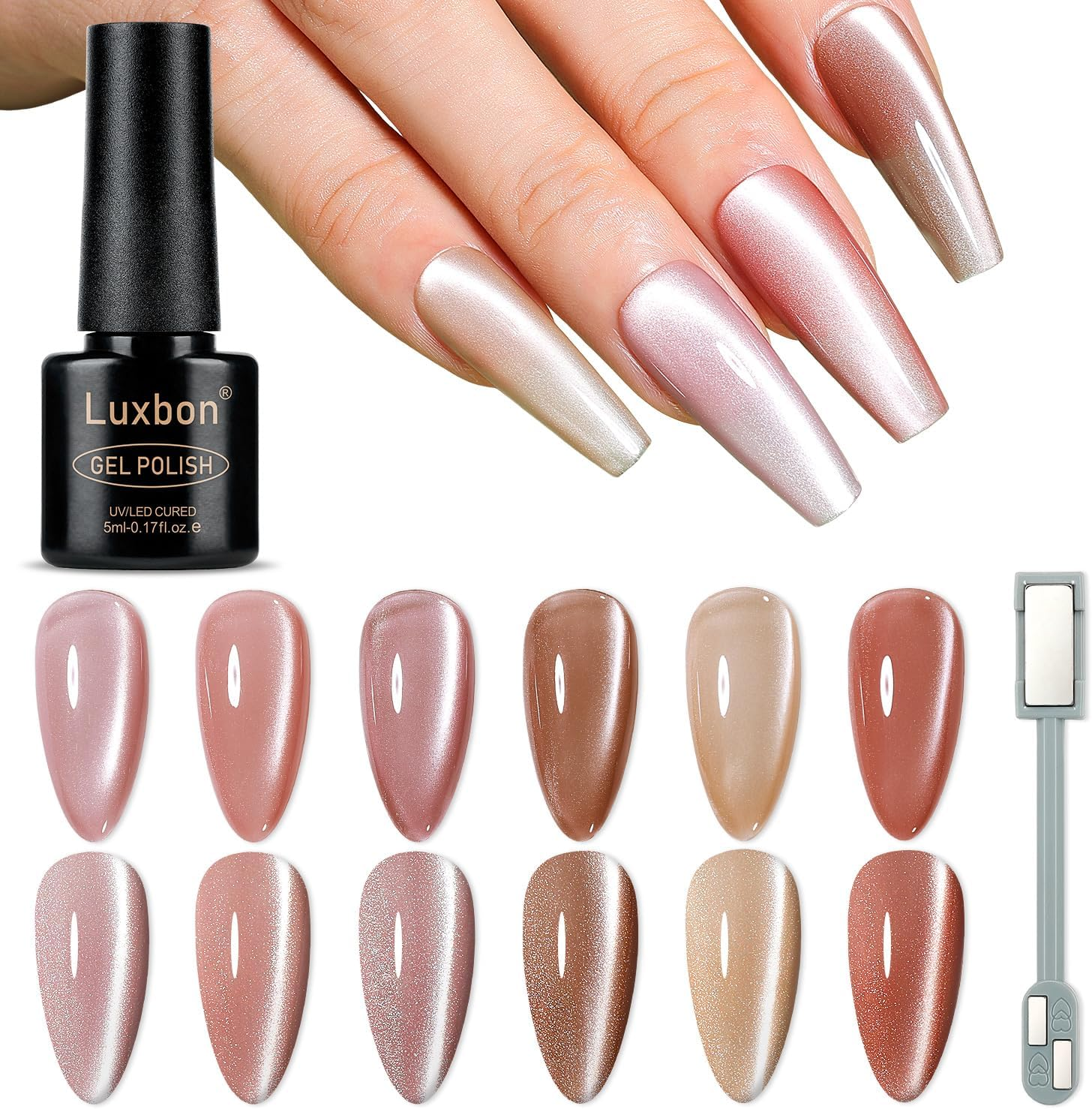 Luxbon 6 Pcs Cat Eye Magnetic Gel Nail Polish Set - Fall Colour Set Long Lasting Autumn Gel Polish, Uv Led Soak off Nail Art Designs Manicure Kit 026