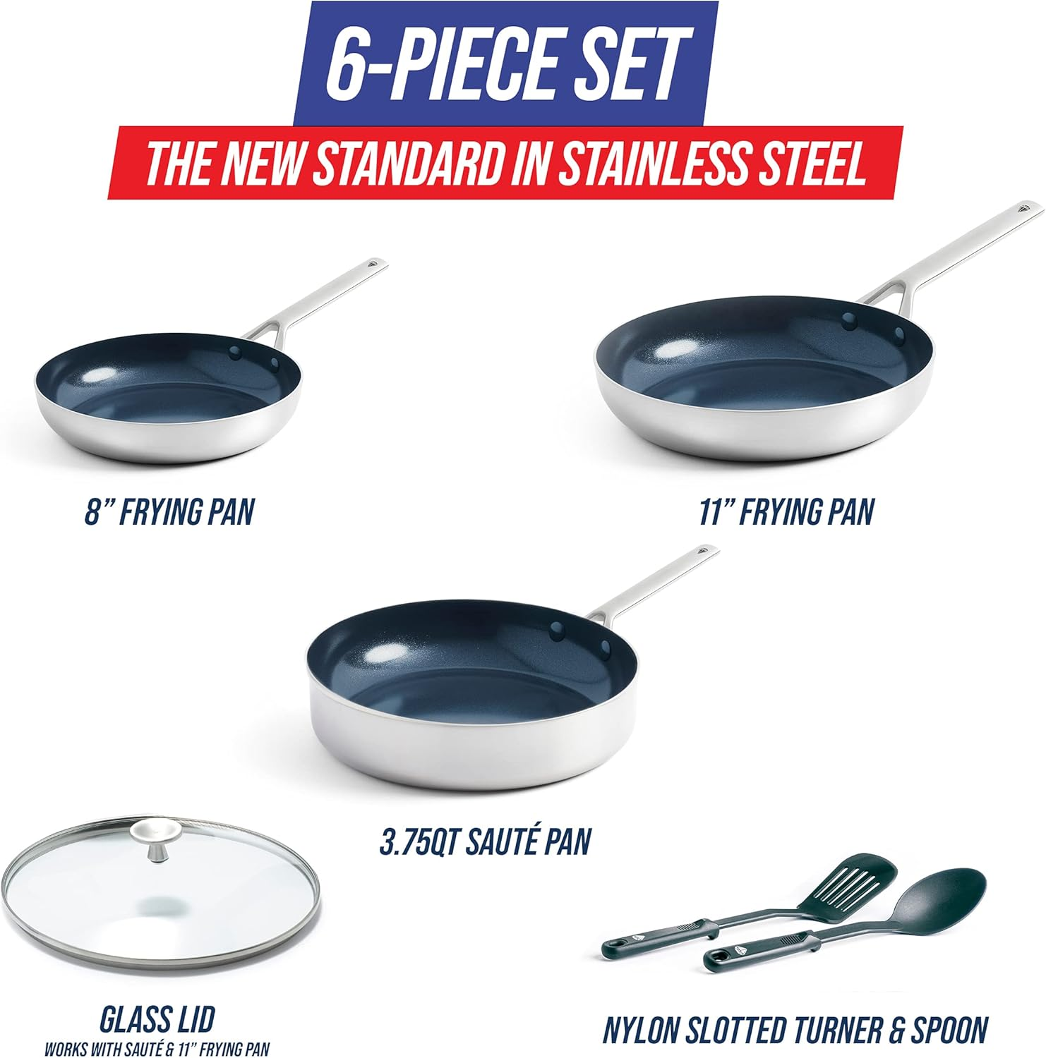 Blue Diamond Cookware Tri-Ply Stainless Steel Ceramic Nonstick, 6 Piece Cookware Pots and Pans Set, Pfas-Free, Multi Clad, Induction, Dishwasher Safe, Oven Safe, Silver image number 4