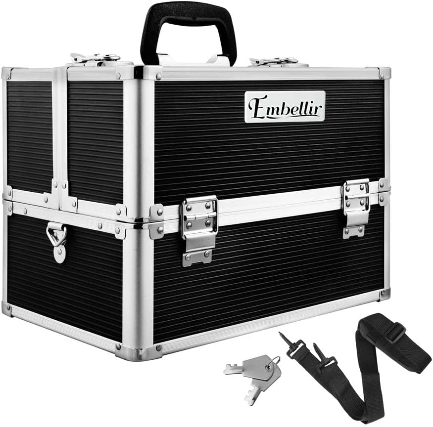 Embellir Makeup Case, Aluminium Lockable Beauty Cases Suitcase Make up Large Organisers Storage Portable Toiletry Cosmetic Box Travel Indoor Outdoor, with 4 Trays Shoulder Strap 8 Dividers Pink