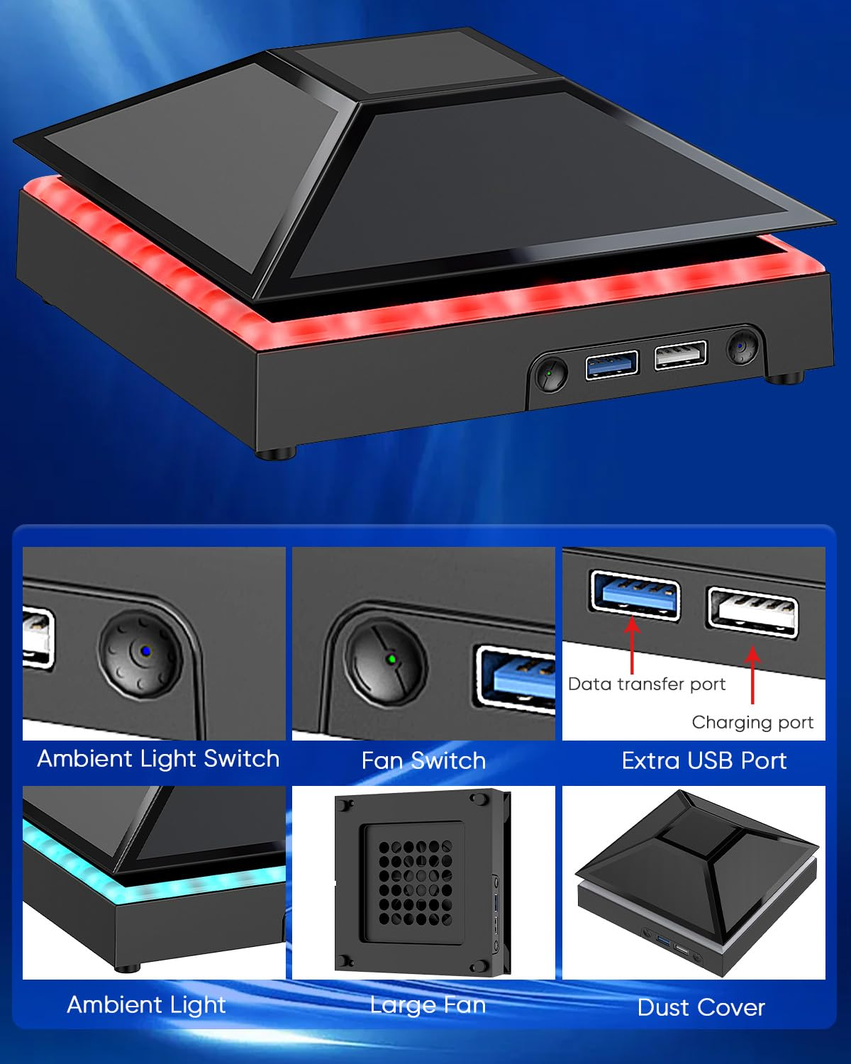 Cooling Fan for Xbox Series X with Dust Cover, Low Noise 3 Levels Adjustable Speed Cooler Fan System, Extra 2 USB Port, RGB LED Light for Xbox Series X Accessories Cooling image number 3