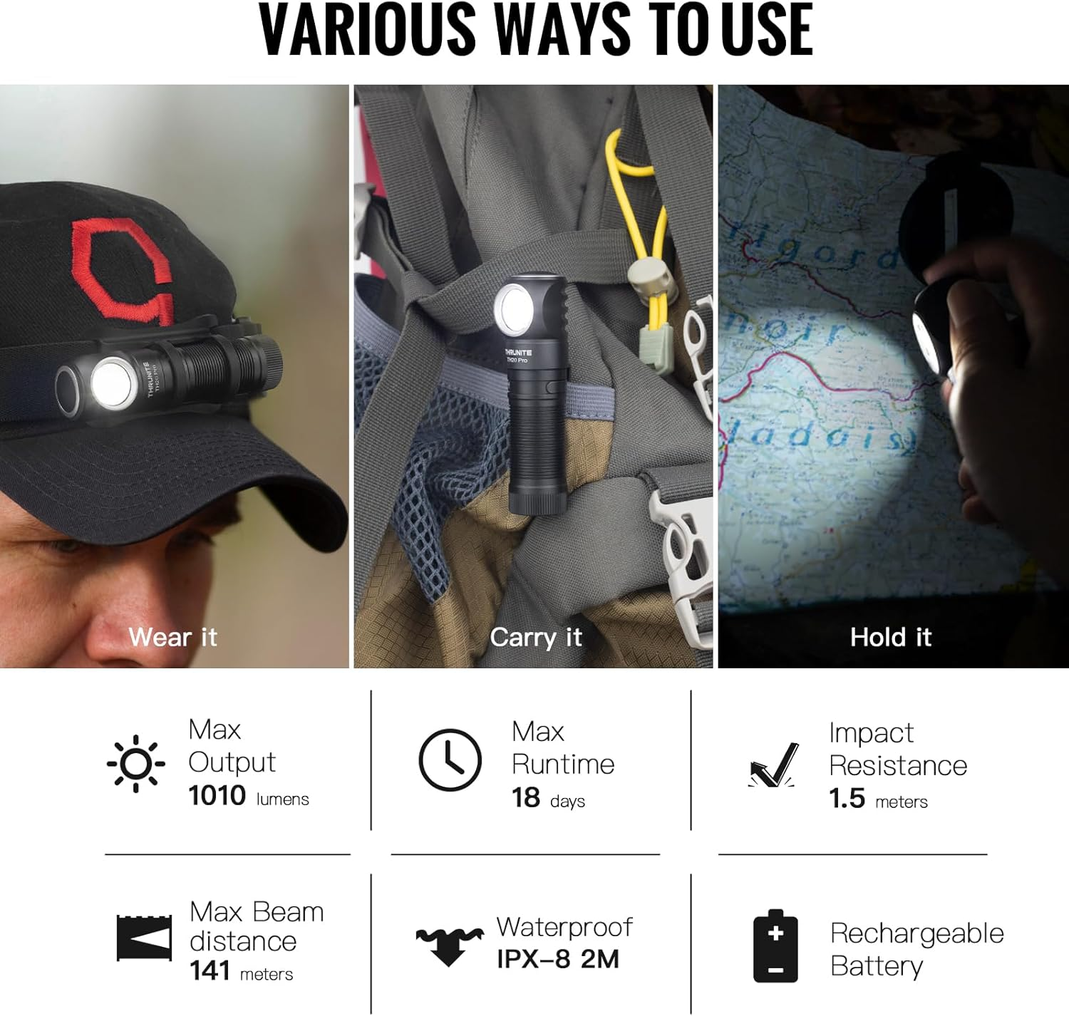 Thrunite TH20 Pro Rechargeable Headlamp - Aluminum & LED Flashlight - 1010 Lumen Super Bright & 18 Days Working - Waterproof & 6 Modes - Emergency Light for Camping & Outdoor Adventures - Cool White image number 6