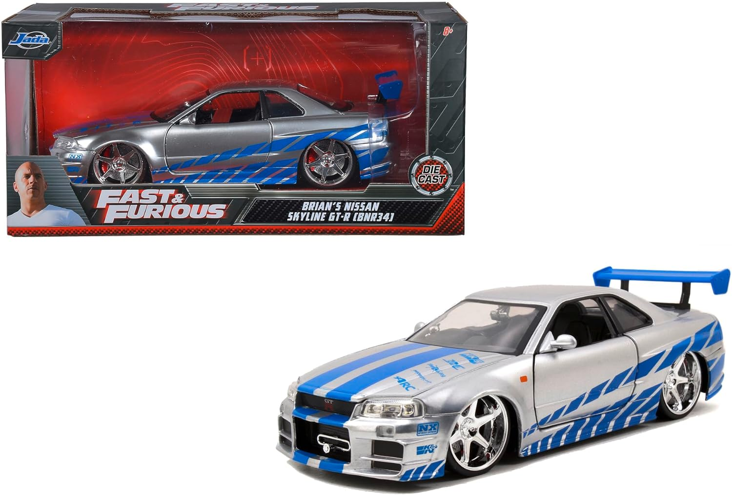 Jada Metal Fast and Furious 1 Diecast Nissan Gt R R34 Vehicle, Pack of 1, Silver