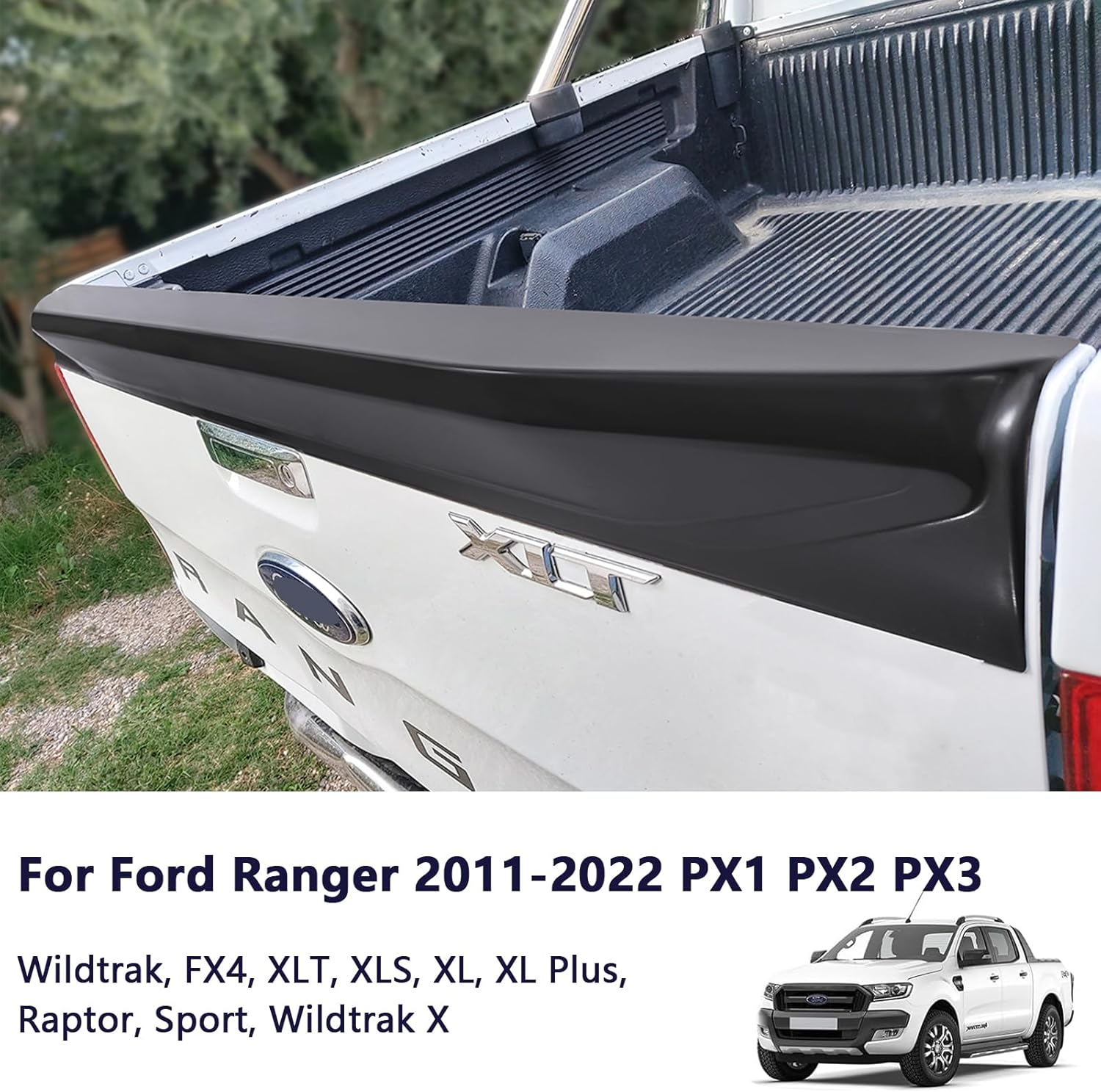 SUERAUTO4X4 Tailgate Protector Spoiler for Ford Ranger Accessories PX1 PX2 PX3 2011-2022, Rear Tailgate Spoiler Cover Rail Cap Guard Trim Wing, Matte Black Car Exterior
