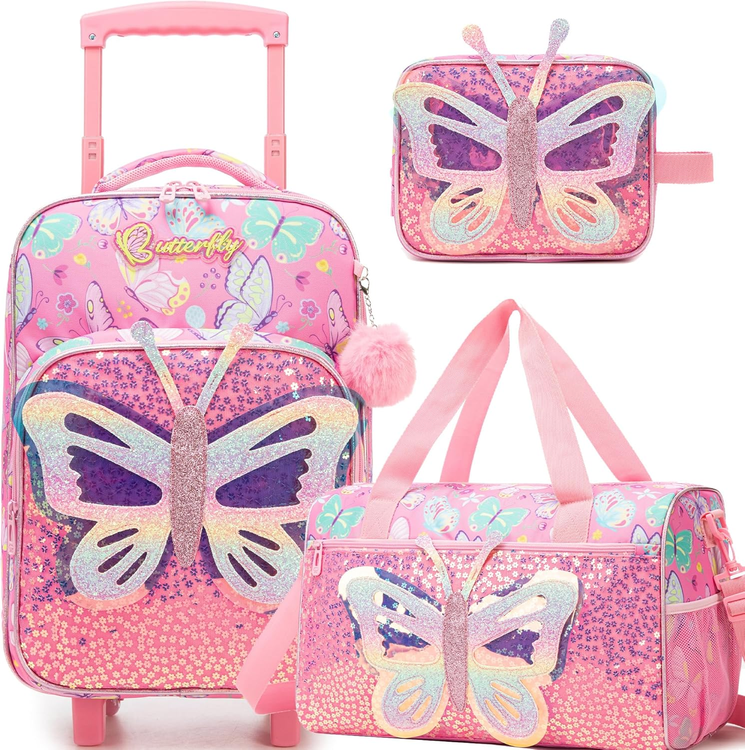 Homskiii Kids Pink Butterfly Luggage with Wheels Suitcases Travel Softside Suitcases 16" Carry on Suitcase with Duffle Bag Luggage Sets Airline Approved image number 6
