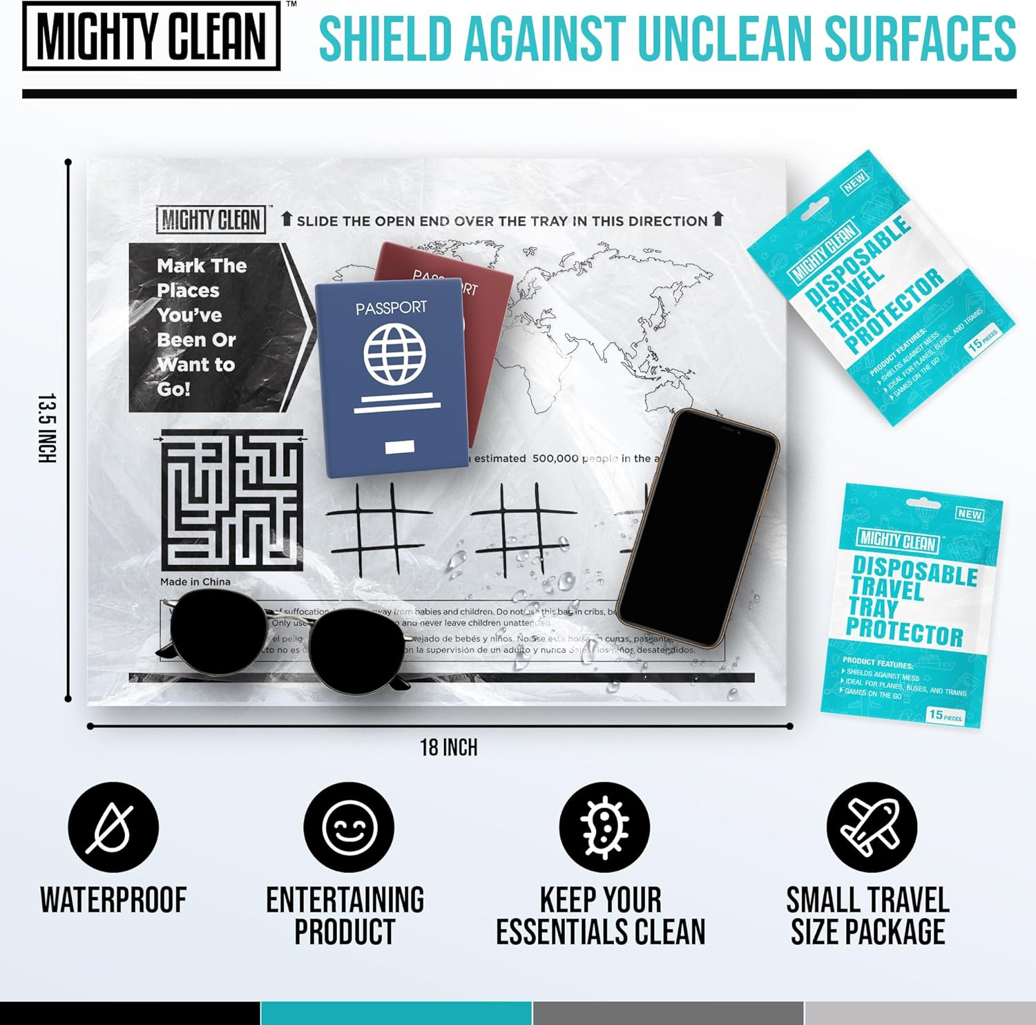 15 Disposable Travel Tray Protectors by Mighty Clean │ Airplane Travel Essentials for Toddler, Kids, and Adults │ Must Have for Flying │ Provides a Clean Surface and Entertainment │ 15 Pack image number 2