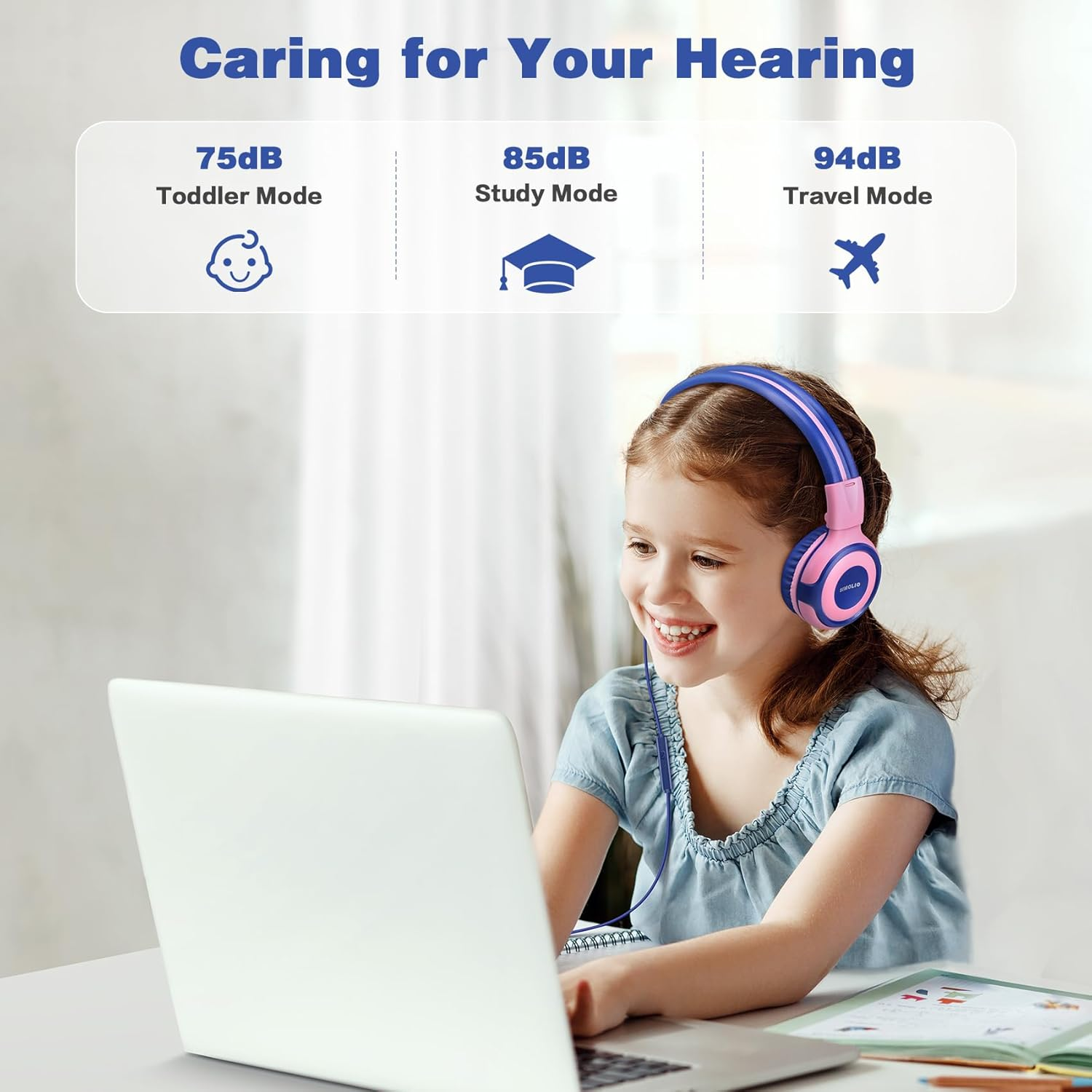 SIMOLIO Headphones Kids Headphones for Girls with Share Connector for Music Sharing, Kids Headphones with Volume Limiter for Hearing Protection - Pink