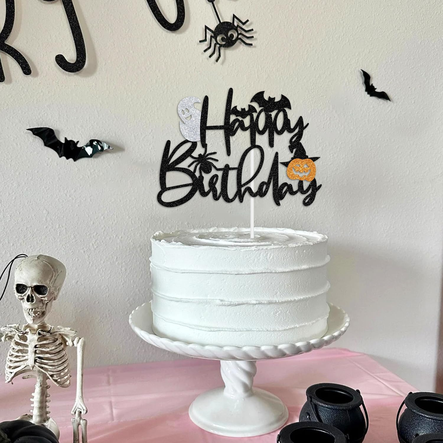 Halloween Happy Birthday Cake Topper, Halloween Spooky Birthday Decorations, Pumpkin Bat Spider Horror Ghost House Halloween Birthday/Baby Shower Party Decoration Supplies for Kids Adults image number 2