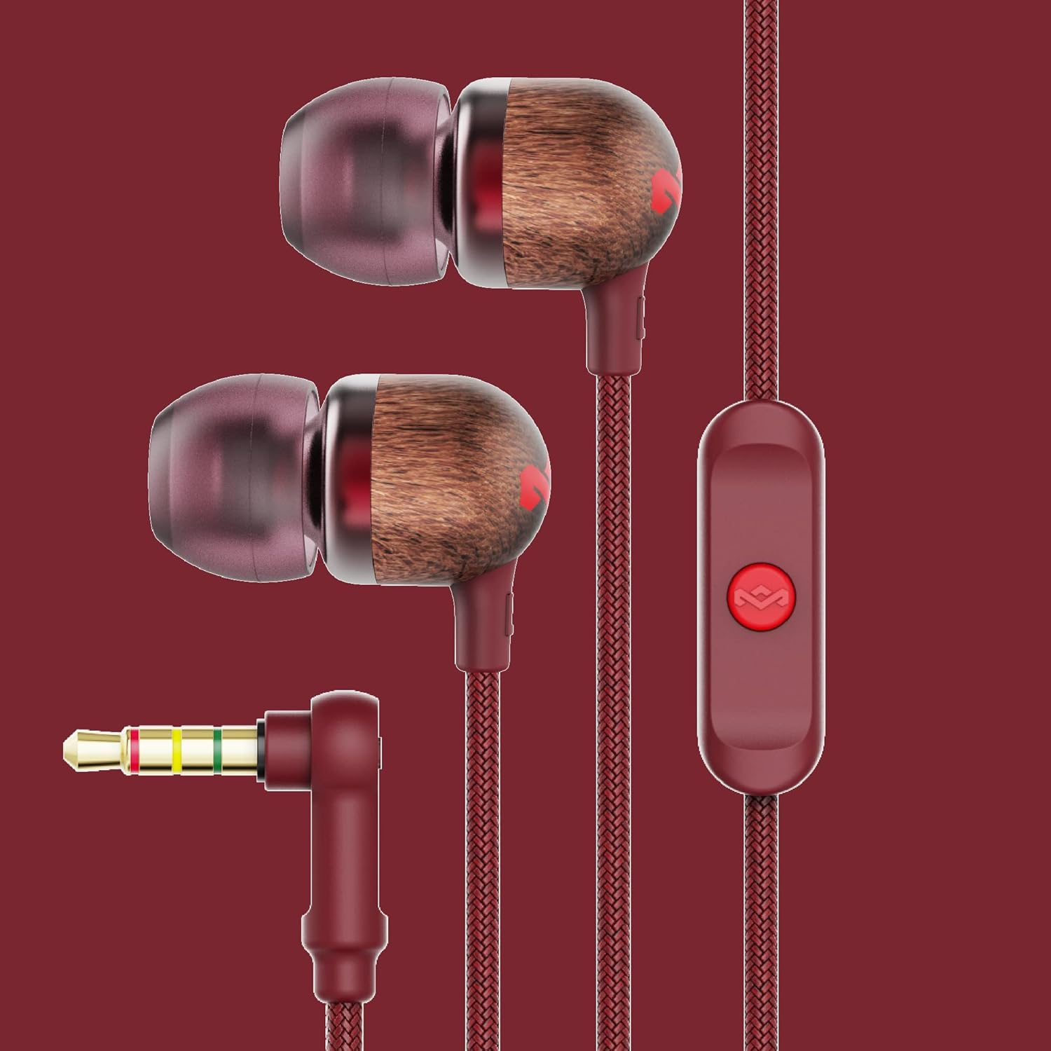 House of Marley Smile Jamaica In-Ear Headphones - Sustainably Crafted, Eco-Friendly, Noise Isolating Wired Earphones, 9.2Mm Driver, Tangle-Free Cable, 1 Button Microphone Control - Red image number 3