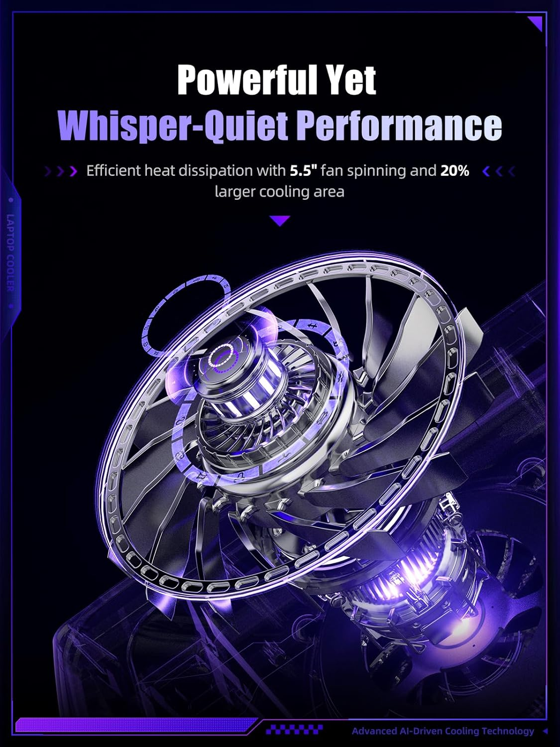 Llano V12 Ultra Laptop Cooling Pad with Smart Software Control, RGB Gaming Laptop Fan Cooler Stand, 5.5" Turbo Fan, Adjustable Speed, 3*USB 3.0 Ports, 3 Height Stands, for 15.6"-19" Laptops, Black image number 4