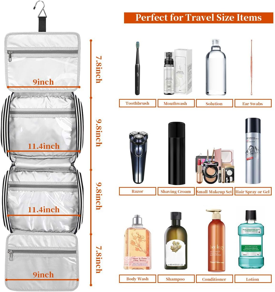 Hanging Travel Toiletry Bag,Large Capacity Cosmetic Travel Toiletry Organizer for Women with 4 Compartments & 1 Sturdy Hook,Perfect for Travel/Daily Use/Christmas - M-Black image number 6