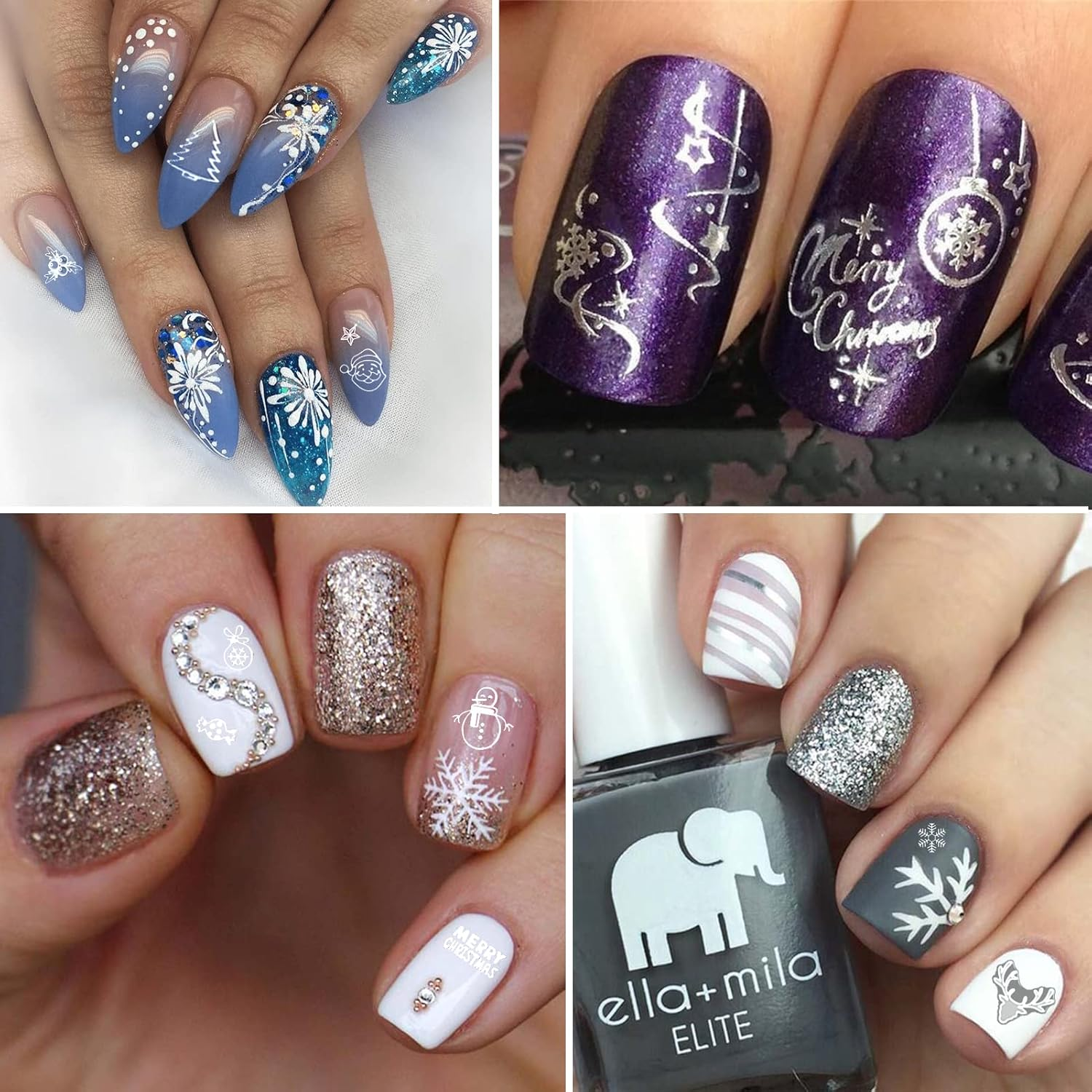 Tailaimei Christmas Nail Art Stickers Decals, Self-Adhesive White Nail Decorations Design for Santa Claus Snowflake Snowman (800 Pcs, 9Sheets)