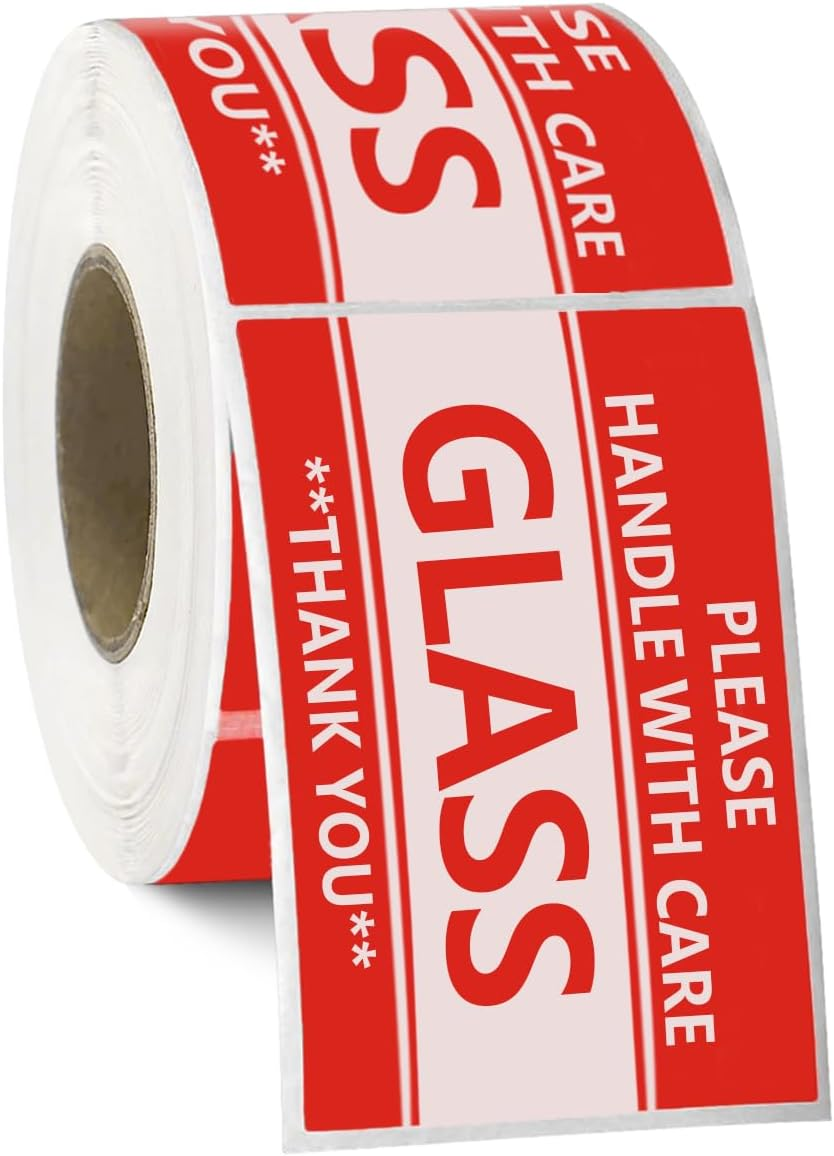 Miss Rui Fragile Sticker Handle with Care Fragile Thank You, Red Warning Shipping Label Stickers Packing Labels Permanent Adhesive (500 per Roll)