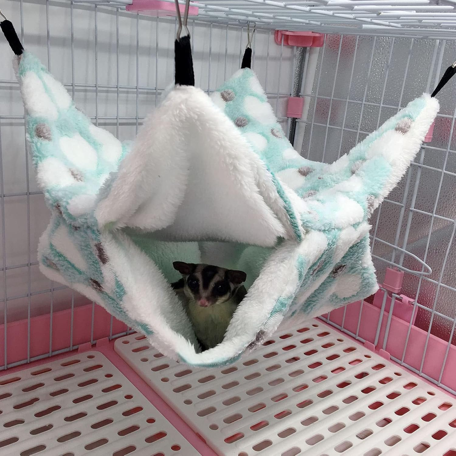 TRADERPLUS 2 Pcs Guinea Pig Rat Hammock Small Pet Warm Plush Bunkbed Hanging Hammock Cage Accessories for Bunkbed Sugar Glider Hamster Ferret Parrot Squirrel Playing (Pink+Blue) image number 3