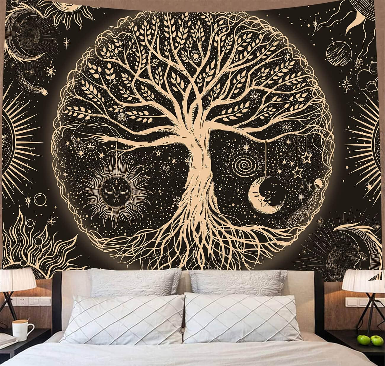 Psychedelic Astrology Tapestry Sun and Moon Wall Hanging Blanket Aesthetic Black and White Wall Tapestry for Living Room Bedroom Home Decor (53&lsquo;&rsquo;X61'', Black and Gold)