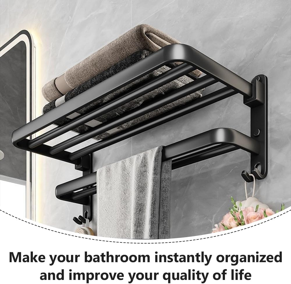 Double-Layer Bathroom Towel Rack, Foldable Washroom Shelf, Rustproof Shower Organizer, with Hooks, for Towels, Toiletries (Long 40 CM) image number 5
