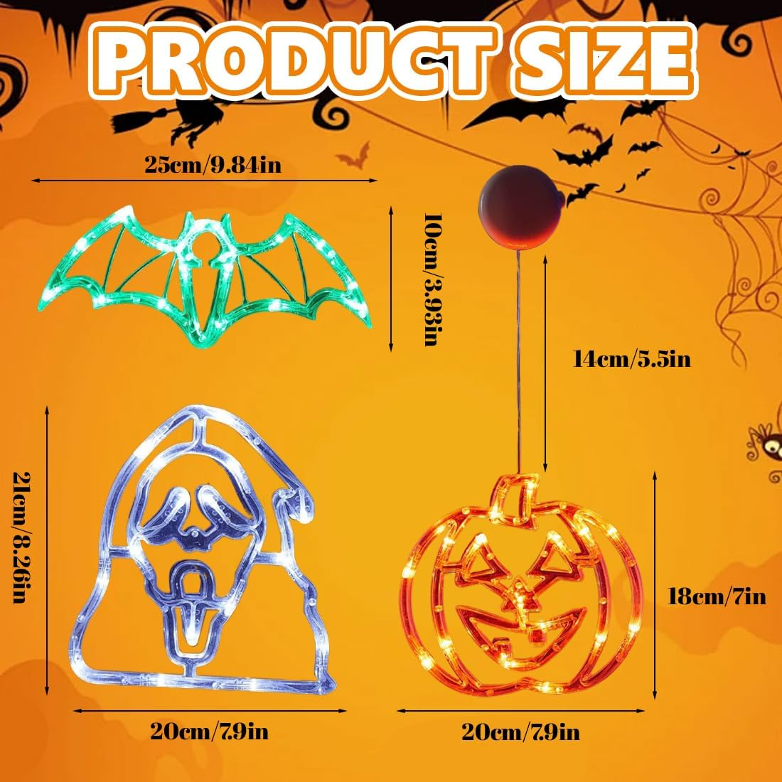 3 Pcs Halloween Window Lights with Suction Cup, Battery Operated Indoor Lighting, Halloween Decorations (Orange, Green, White) image number 3