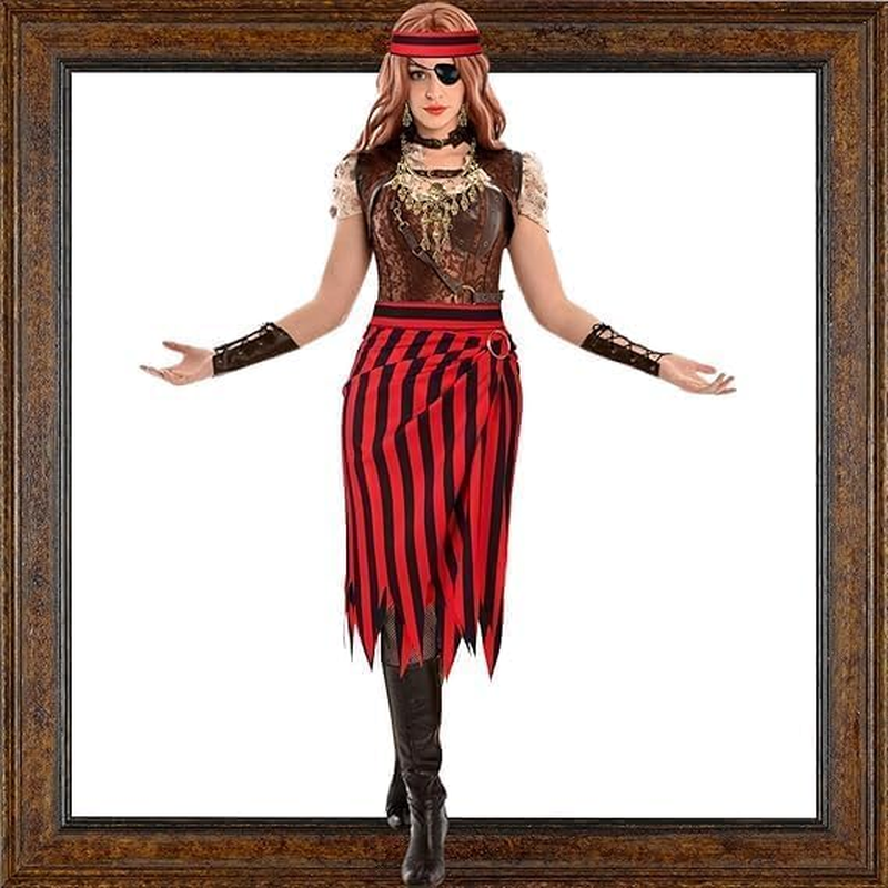 Slowton Pirate Costume Women - 2PCS Adult Renaissance Pirate Outfit with Striped Skirt and Headscarf Pirate Themed Costumes for Halloween Party Captain Carnival Music Festival image number 4
