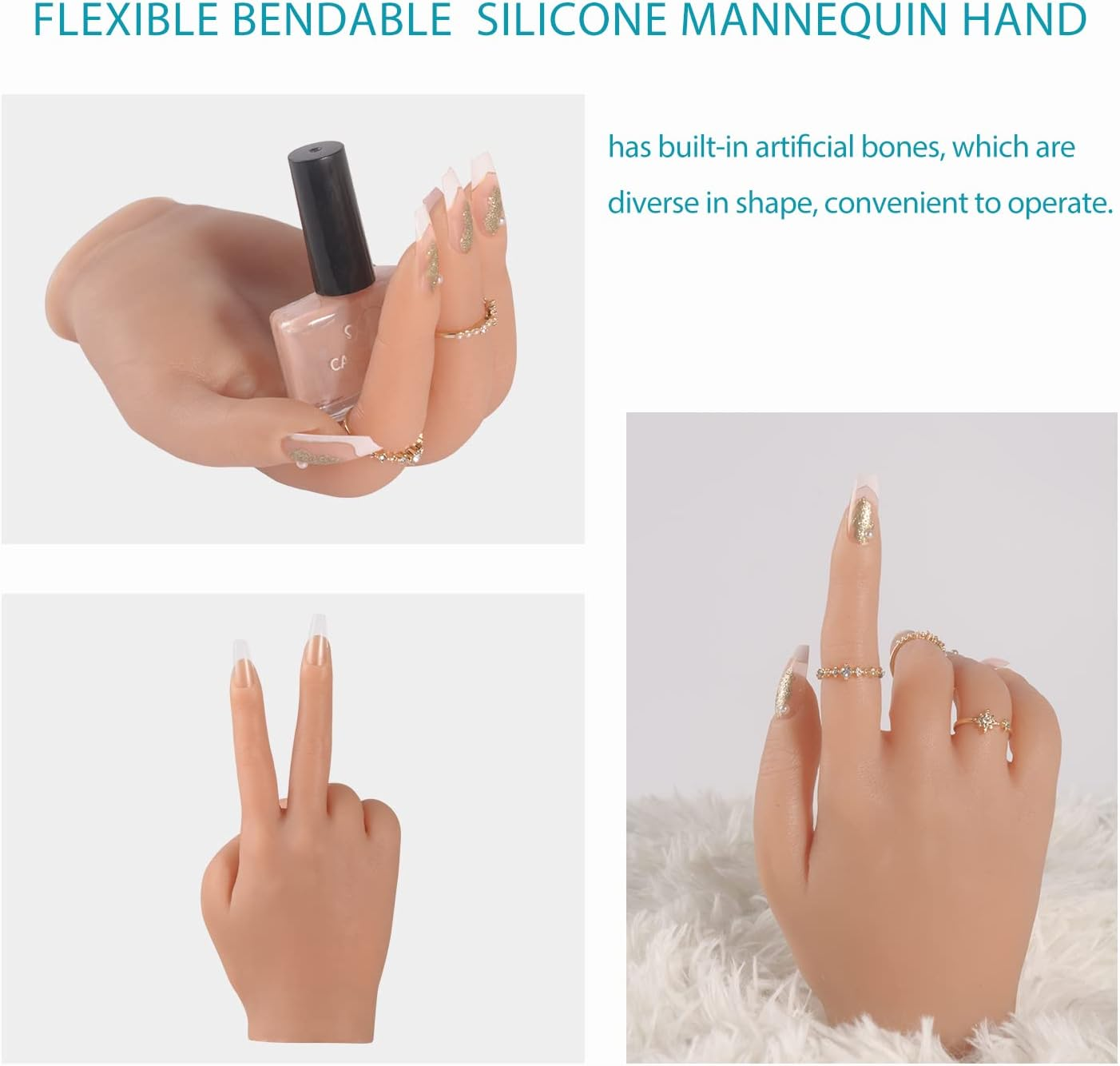 YEEFAIRY Silicone Practice Hand for Acrylic Nails with 528Pcs Nails, Realistic Nail Practice Training Fake Hands, Flexible Bendable Mannequin Hand for Nail Art DIY Practice Tool (Bronze, Right) image number 2