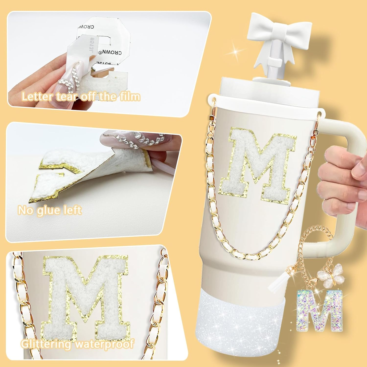 8PCS Stanley Cup Accessories Set for Stanley Cup 30Oz 40Oz Tumbler with Handle,Including Straw Topper Cover Cap and Boot,Spill Proof Stopper,Handle Charm,Initials Sticker (White M) image number 2