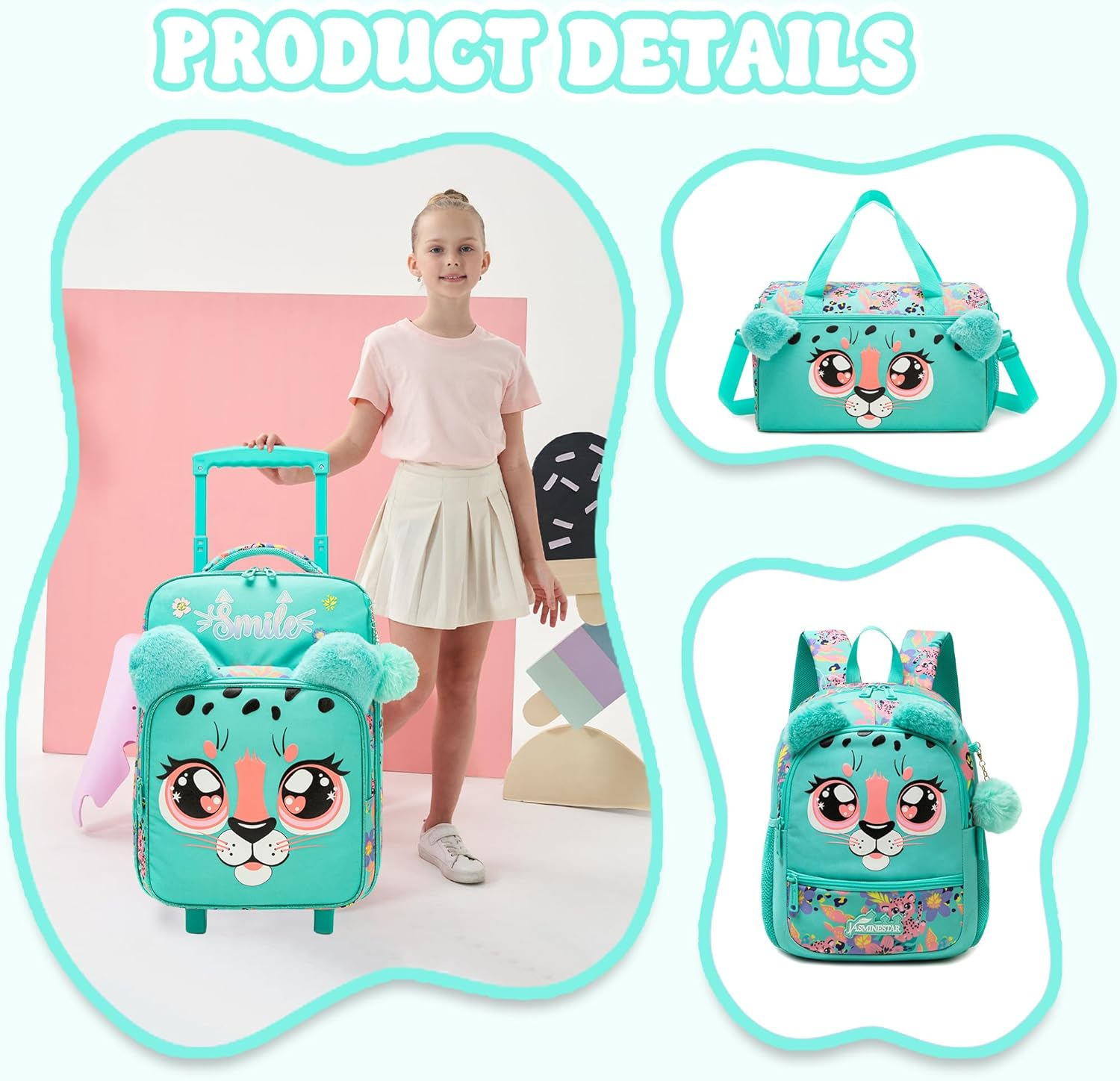 Homskiii Kids Luggage Sets with Wheels Girls Travel Softside Suitcases 16" Carry on Suitcase Airline Approved, 01 Green, 16Inch