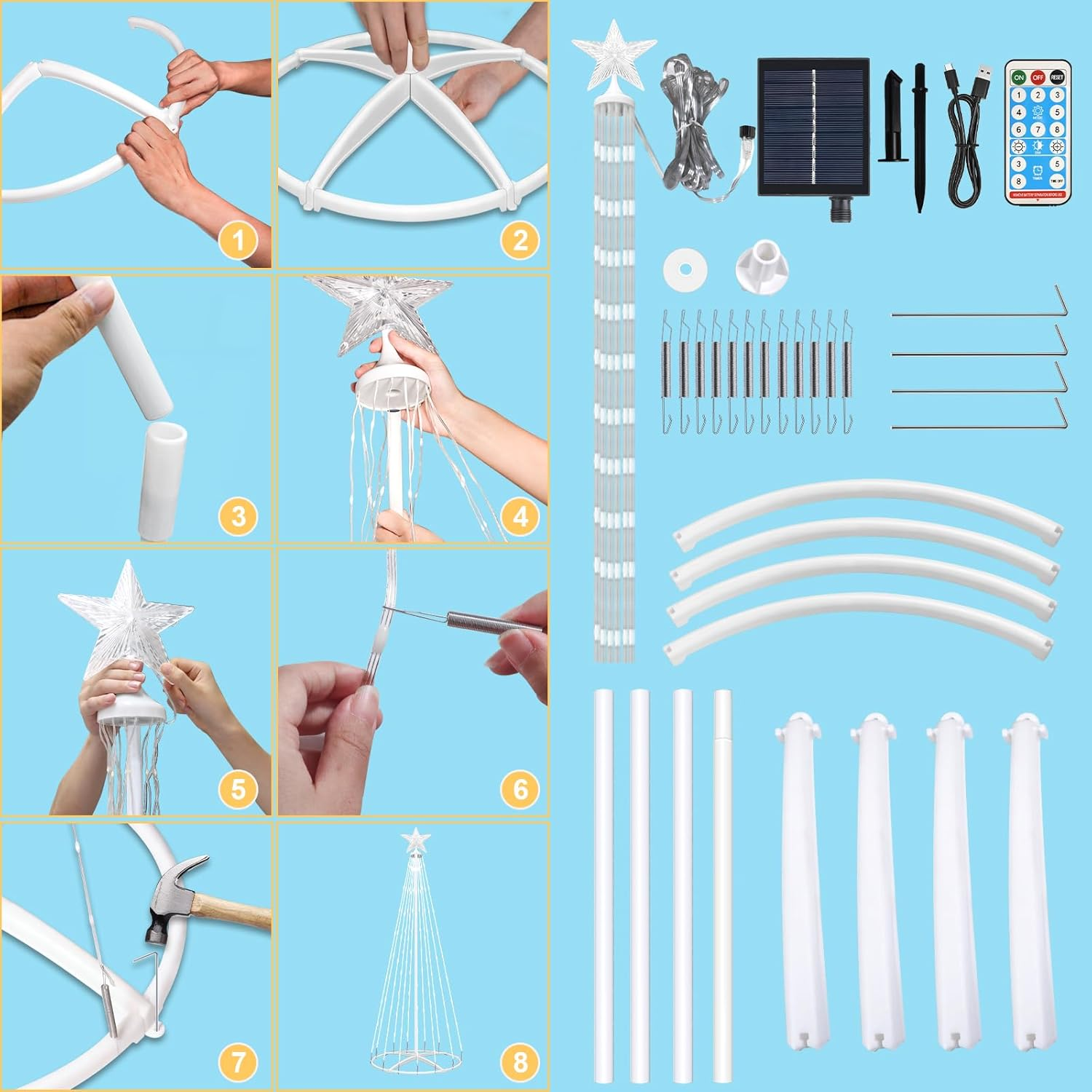 1.5M Solar Christmas Tree String Light, 202 LED Christmas Fairy Light, String Lights Decoration Indoor Outdoor with 8 Flash Modes for Porch Yard Patio Outdoor Xmas Holiday Decor image number 5