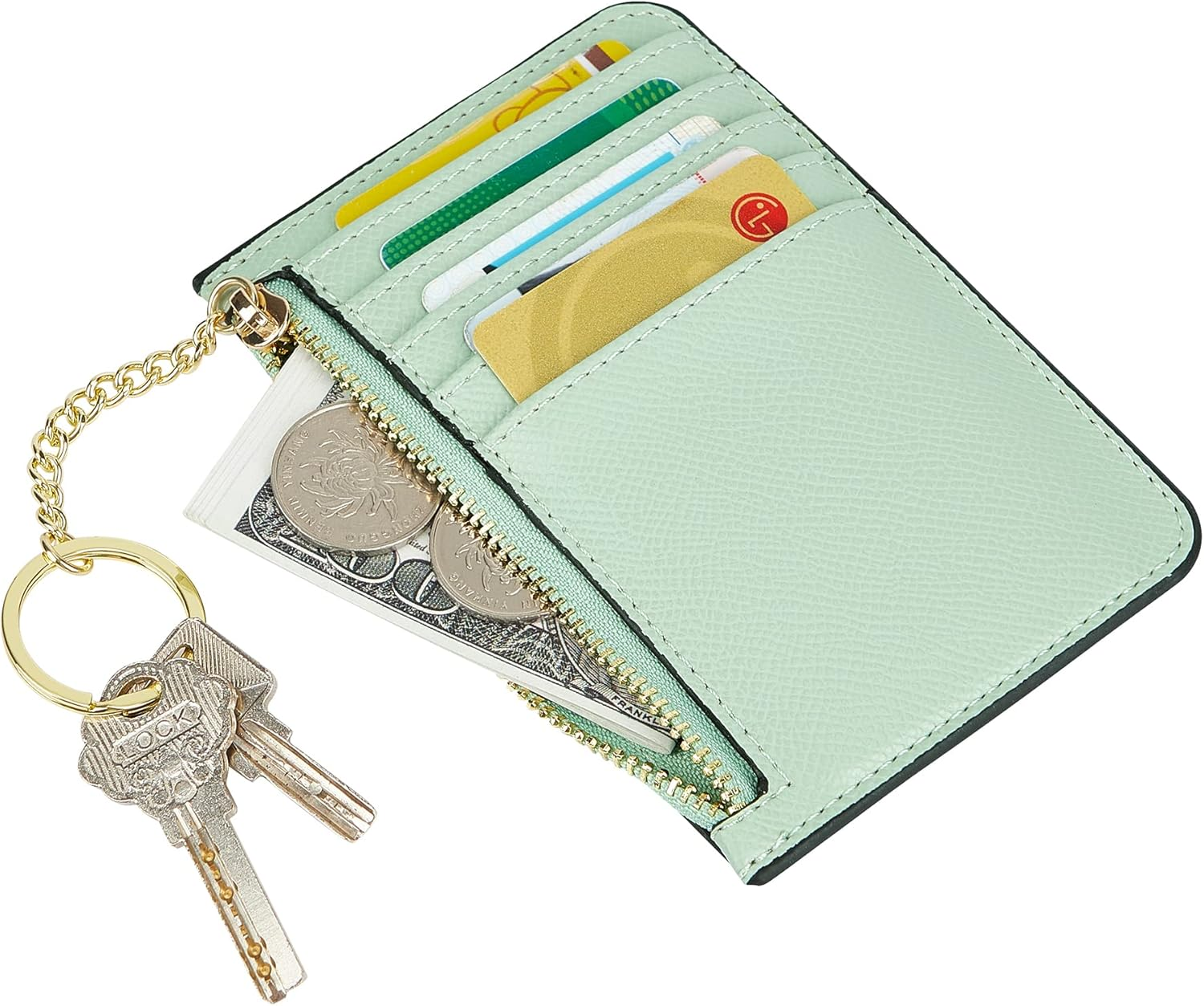 Women'S Leather Slim Minimalist Card Holder Case Zipper Changes Coin Front Pocket Wallet with Keychain, Green, Casual image number 3