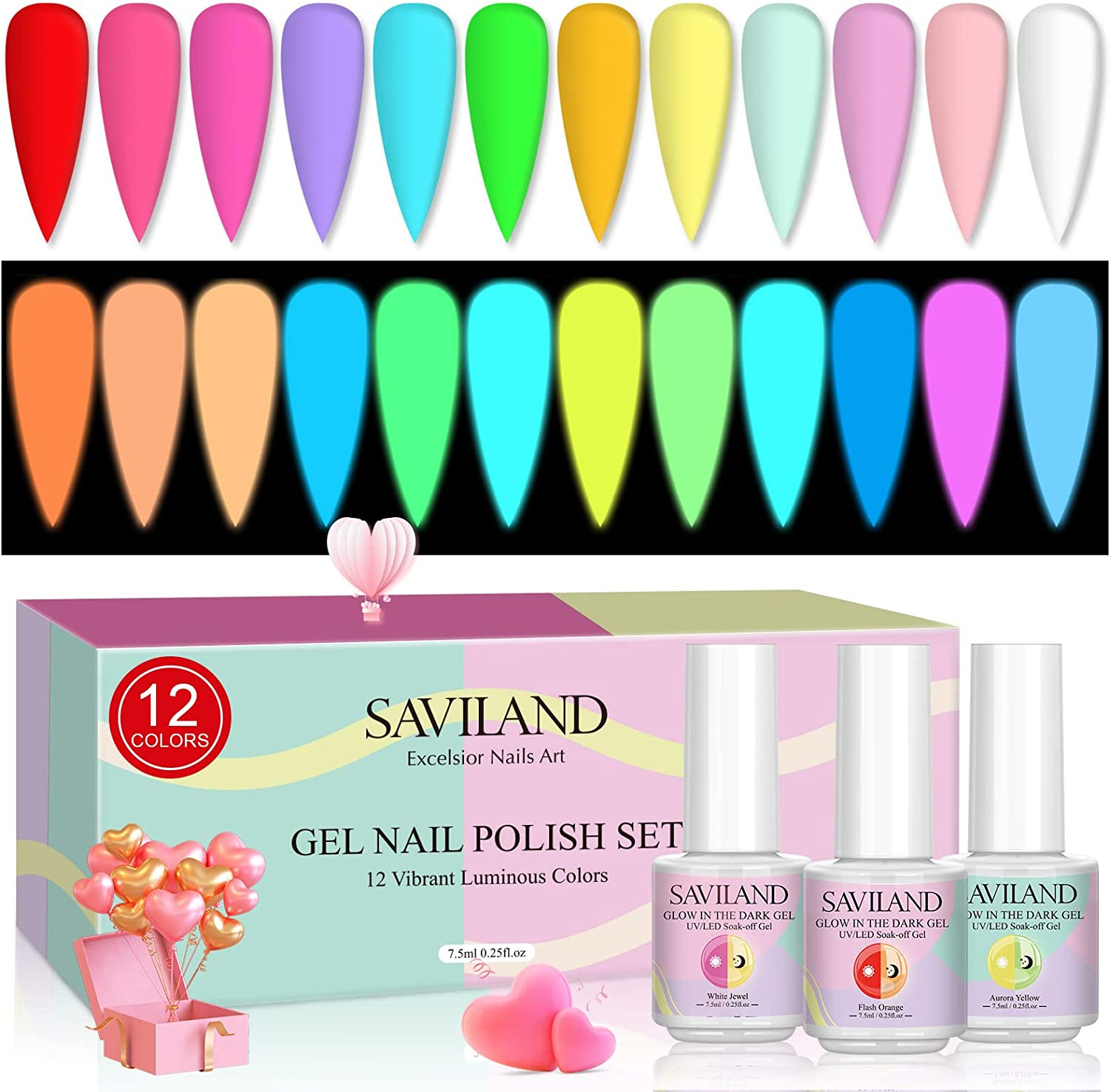 Saviland Glow in the Dark Gel Nail Polish Set - 12 Colors Luminous Neon Nail Gel Polish Set Soak off U V/LED Glow Effect Nail Polish for DIY Nail Art Design