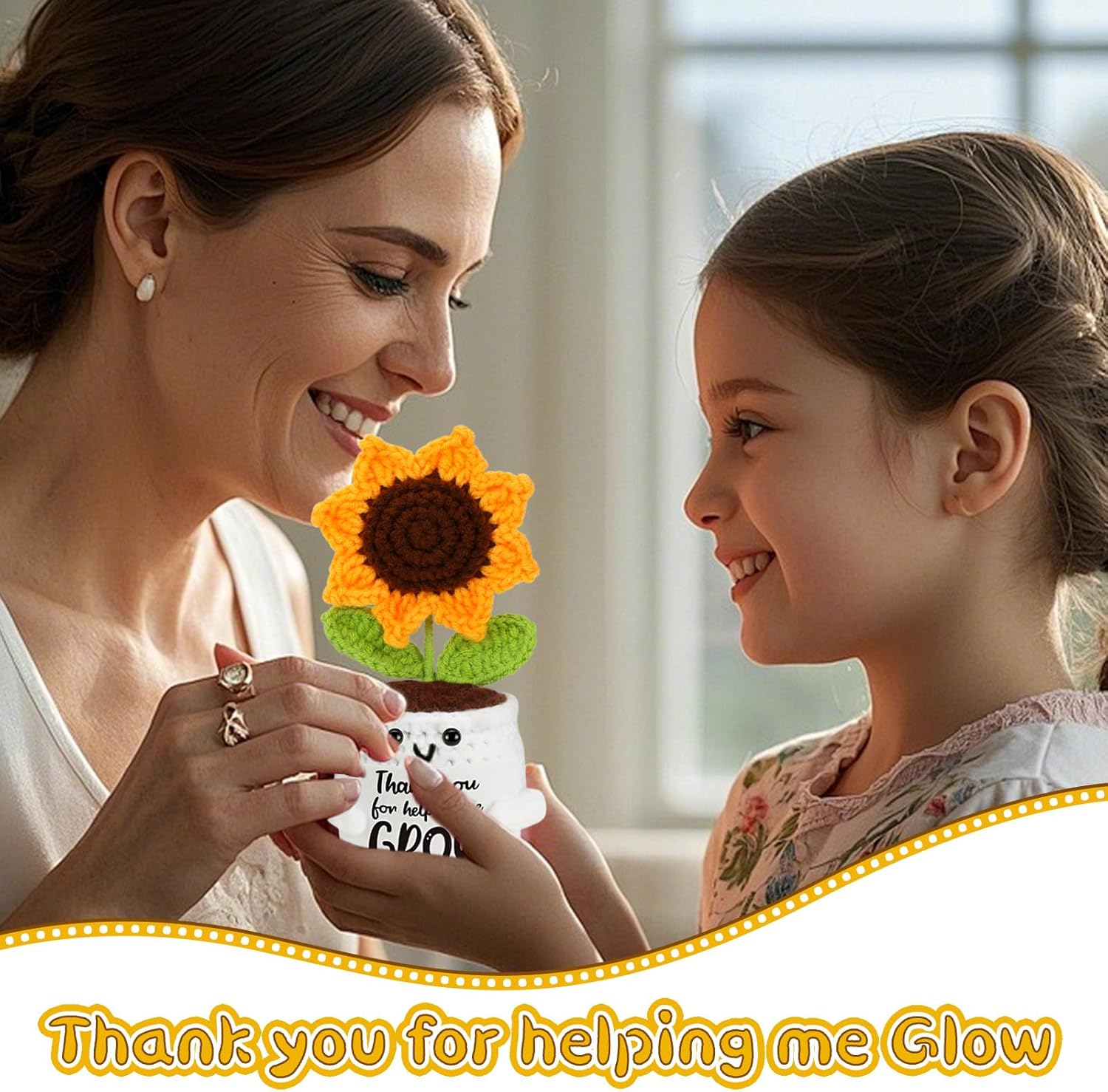 ZCOINS Emotional Support Positive Crochet Sunflower Pot, Small Positive Crochet Plush Sunflower Plant Teacher Appreciation Gift, Mini Inspirational Funny Desk Decor, Emotional Thank You Gifts for Mum image number 1