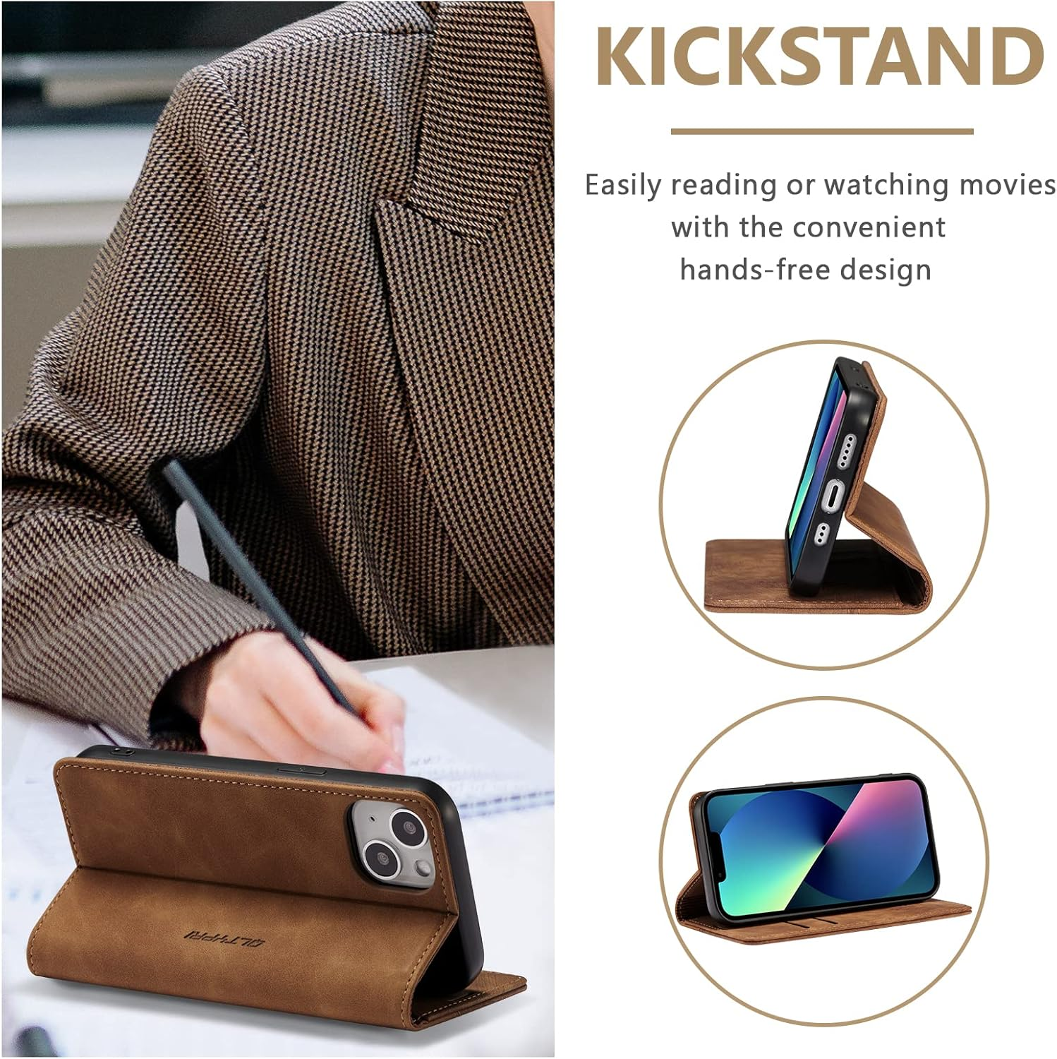 QLTYPRI Wallet Case for Iphone 14 6.1 Inch, Vintage Folio PU Leather Case with Card Slots Magnetic Closure Kickstand Flip Crashproof Phone Cover for Iphone 14 -Brown image number 2