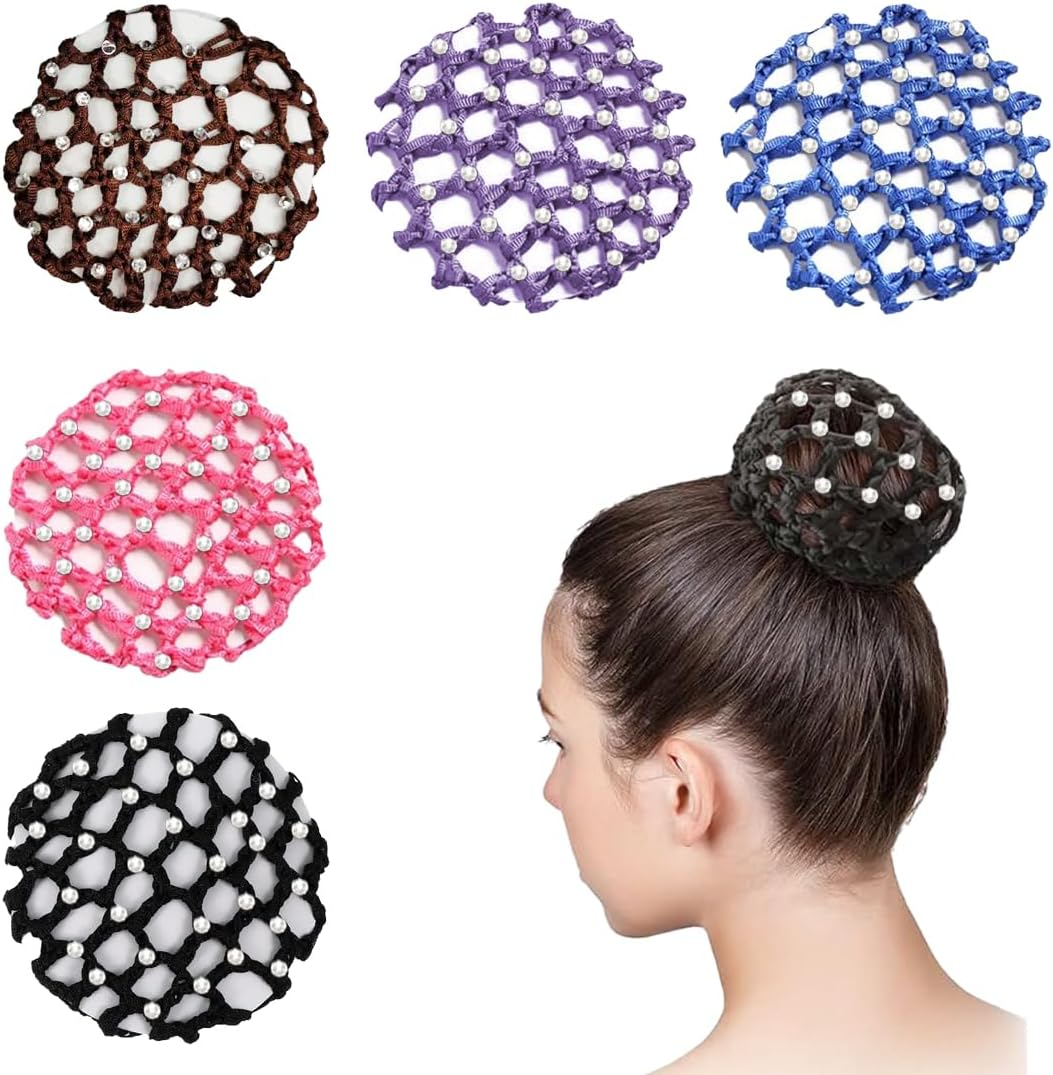 BEPSYOM Pack of 5 Hair Nets Ballet Bun Net Crystal Hair Net Ballet Hair Net Bun Nets Glitter (With Rhinestones)