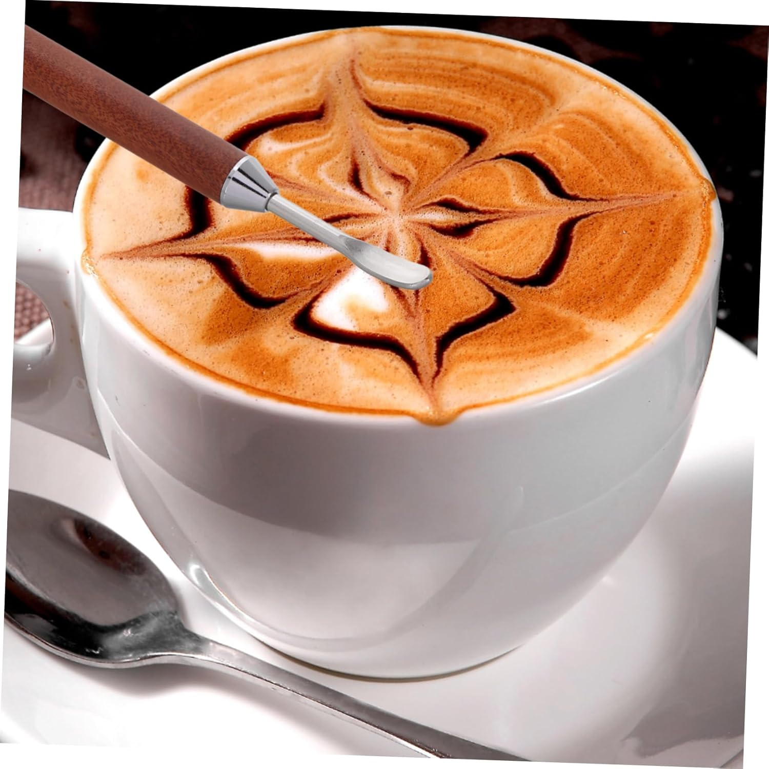 HOOTNEE Wooden Latte Art Needle Espresso Tool Set Robust Stainless Steel Stirrer Carved Handle for Coffee Tea Lovers image number 3