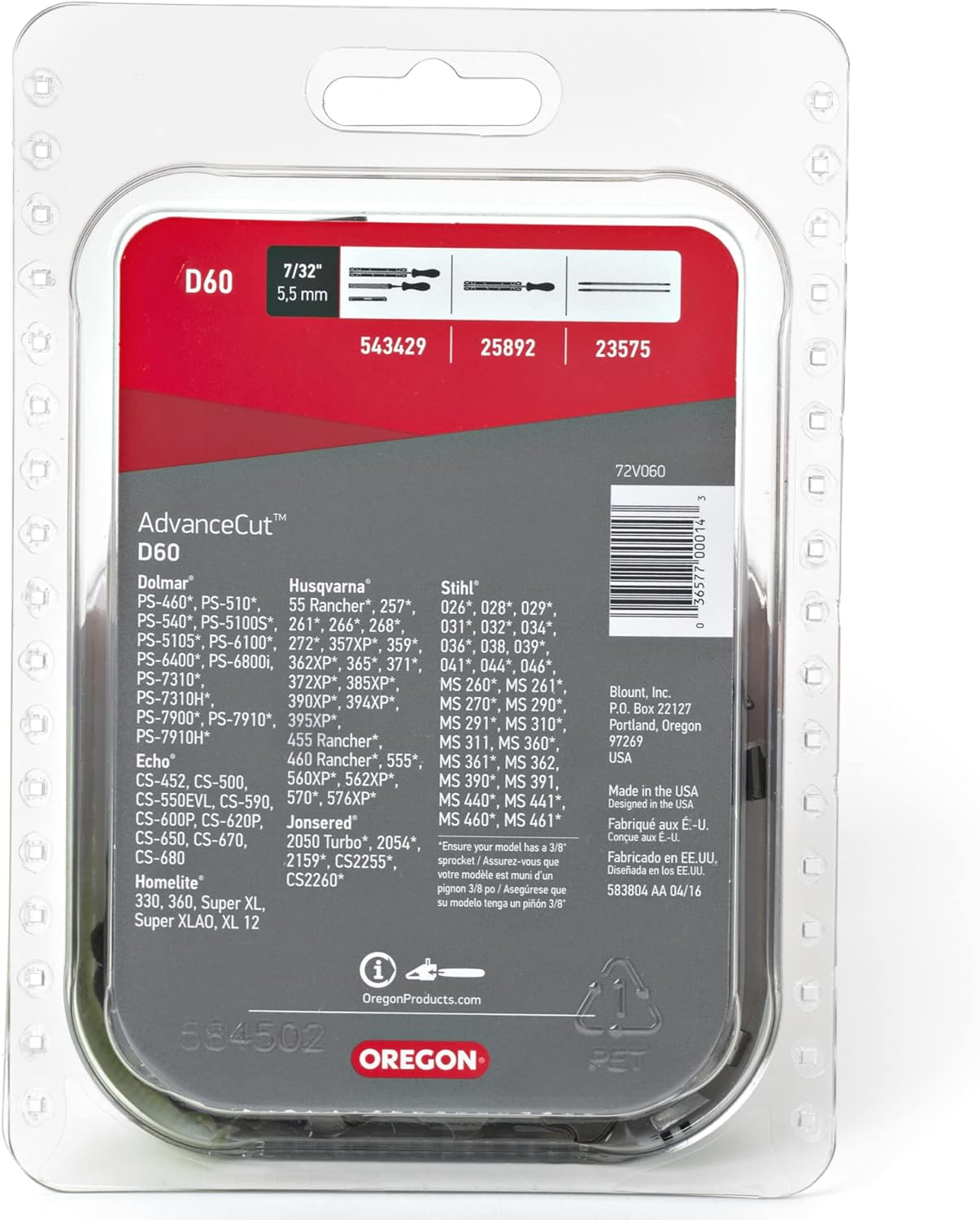 Oregon D60 Advancecut Replacement Chainsaw Chain for 16-Inch Guide Bars, 60 Drive Links, Pitch: 3/8", .050" Gauge, Fits Husqvarna, Echo, Stihl, Poulan, Craftsman and More