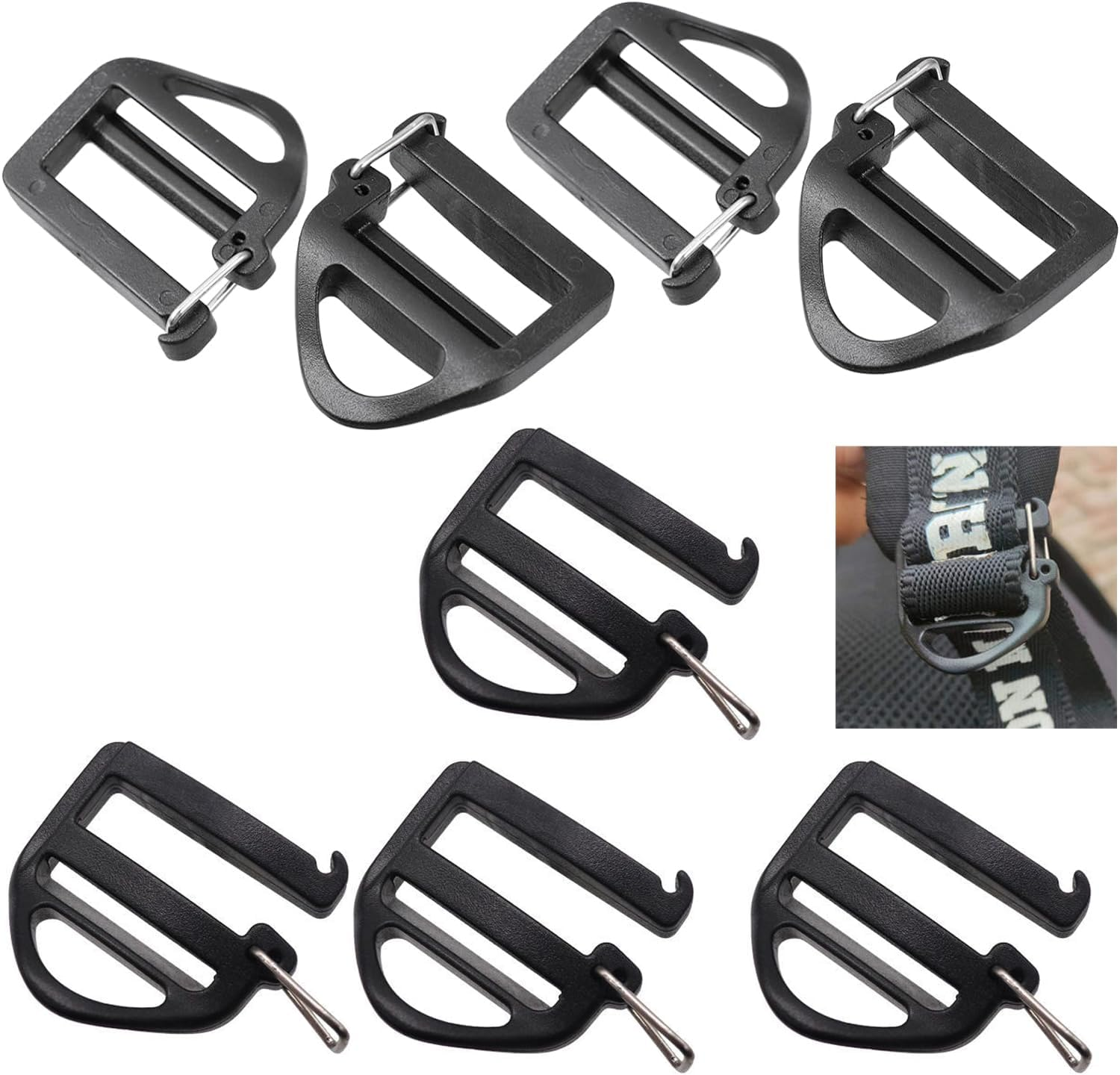 8 Pack Webbing Hook Clip 25Mm 1'' Strap Belt Buckle with Open Lock End Clasp Connector Slide Buckles Ladder Slider Replacement for Backpack Bag Molle Sewn Loop Hiking, Black image number 2