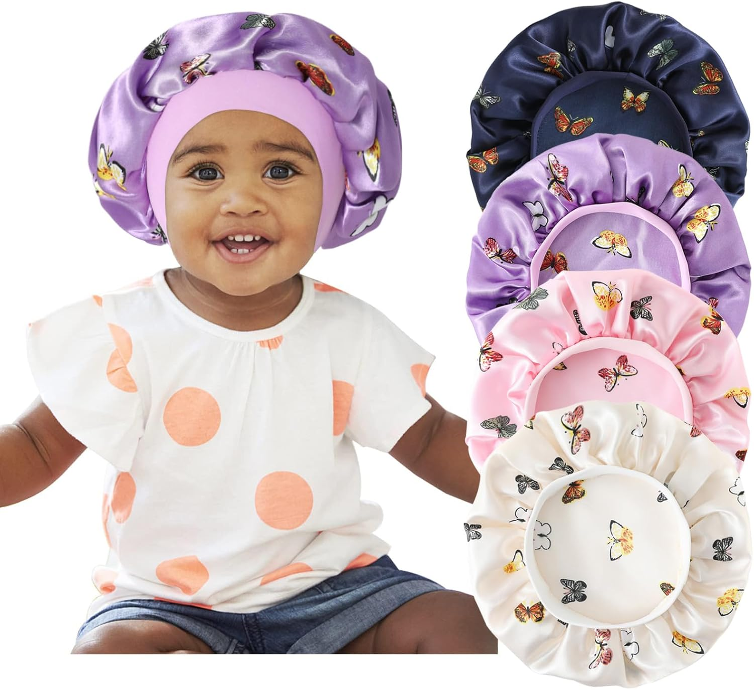 4 Pcs Silk Bonnet for Sleeping Kids Bonnets for Girls Baby Satin Sleep Cap Hair Wraps for Curly Natural Hair Elastic Wide Band